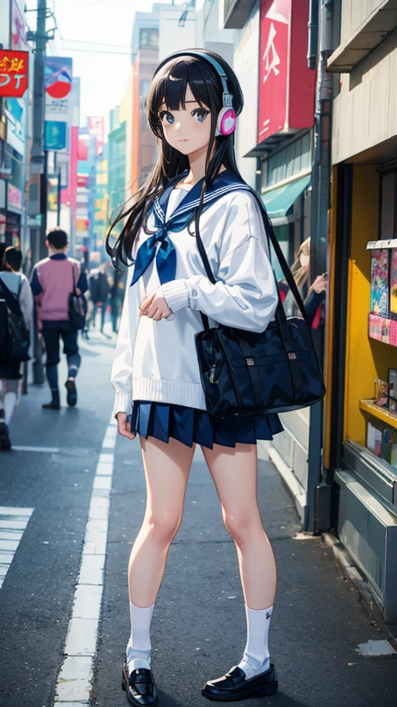 90s City Pop Art、City Pop Style、Sketch Style、LOFI Girl、Beautiful school girl、8 Head Model、Navy blue sailor suit、White sweater、mini skirt、Knee-high socks、Stroll around Harajuku、Headphones 1.2、listen to music、whole body、1 person,xyx