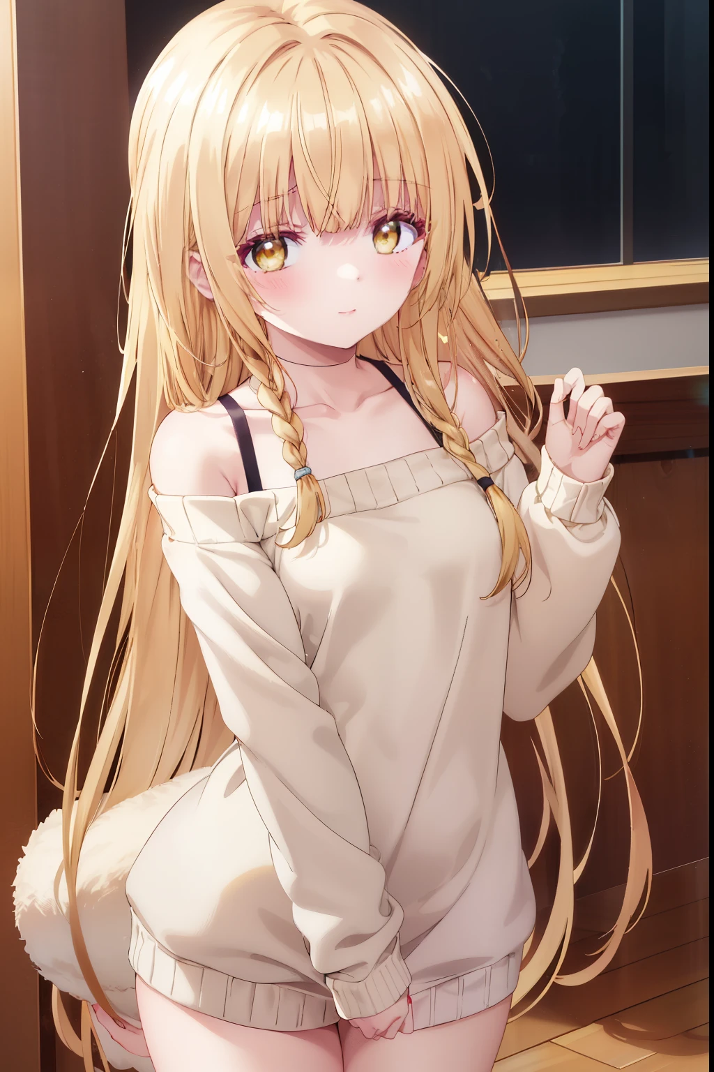 Mahiru shiina, , blonde, (Yellow Eyes:1.3)、Braided long hair,,blush,smile,Daytime、Captivating thighs、Beautiful bare legs, Sidehowing armpits、Shoulder Bare、The clavicle is visible、セクシーなknit sweater 
No sleeve 
body line 
arm pit、very cute
（masterpiece:1.2), highest quality, High resolution, unity 8k wallpaper, (shape:0.8), (Beautiful and beautiful eyes:1.6), Highly detailed face, Perfect lighting, Highly detailed CG, (Perfect hands, Perfect Anatomy),