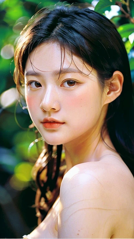 {top-quality}, {{​masterpiece}}, {extremely delicate and beautiful},Outstanding light and shadow, highly detailed wallpaper,Clear and bright sunlight,1girl in,naked、gaze looking beyond,red blush,Strong sunshine,delicate and messy hair,realistic skin textures, Pronounced pores and skin wrinkles,tropical rainforest,((strong light shines on the face)), The upper part of the body, naked portrait, nude photography, detailed armpit, pussy pubic hair, shiny nipple 