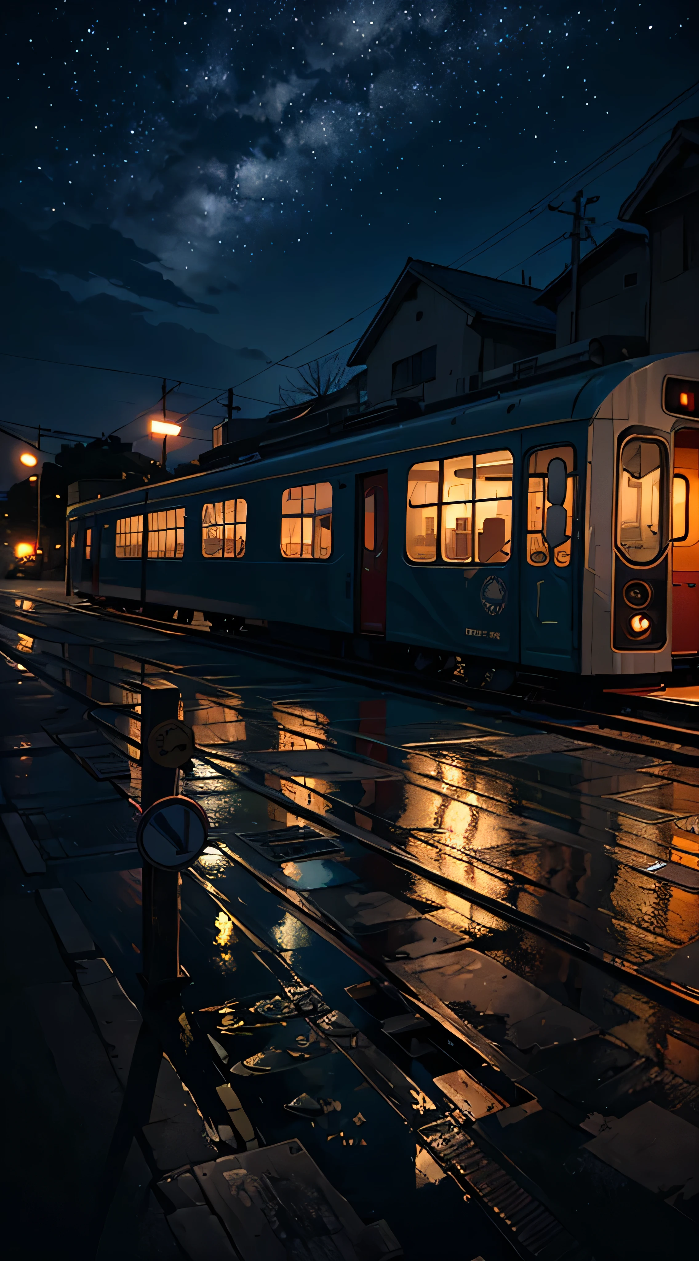 High quality masterpiece, landscape, anime train passing through bodies of water on tracks, bright starry sky. Romantic train, pixiv, concept art, lofi art style, reflection. by Makoto Shinkai, lofi art, Beautiful anime scene, Anime landscape, detailed scenery —width 672, in style of Makoto shinkai, style of Makoto shinkai, enhanced details.