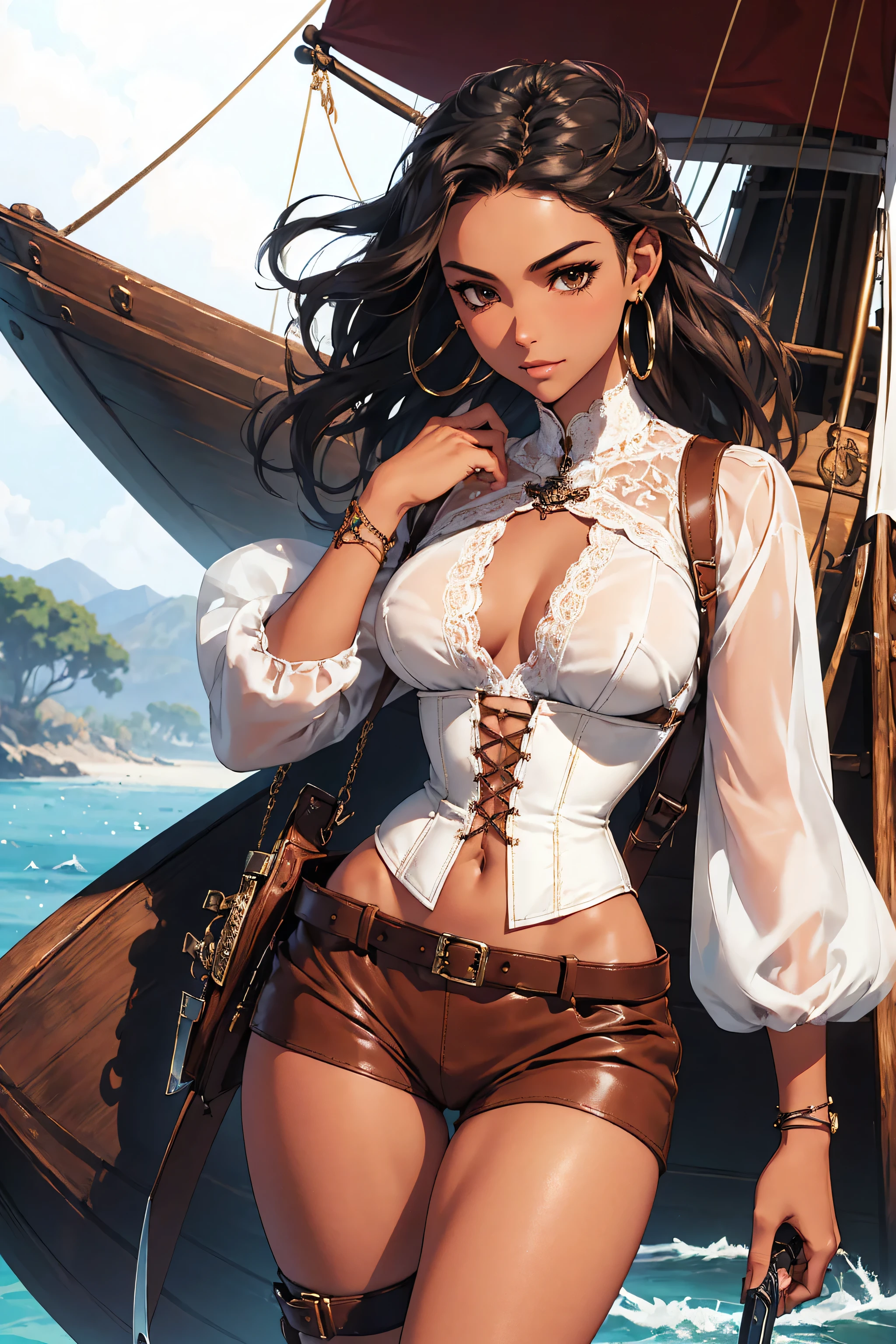 (masterpiece), best quality, expressive eyes, perfect face, (pirate ship background), (standing), (smirk), (closeup view), (1girl, selt, dark skin, tanned skin, black hair, wavy hairstyle, brown eyes, hourglass figure, thin body, skinny body, petite_body, medium breasts, thick thighs, long fingernails,jewelry in hair, white front lace blouse, long sleeve, loose fit, brown leather corset, brown leather shorts, brown boots, sheathed cutlass sword, flintlock pistol in holster, hoop earrings, miscellaneous jewelry)
