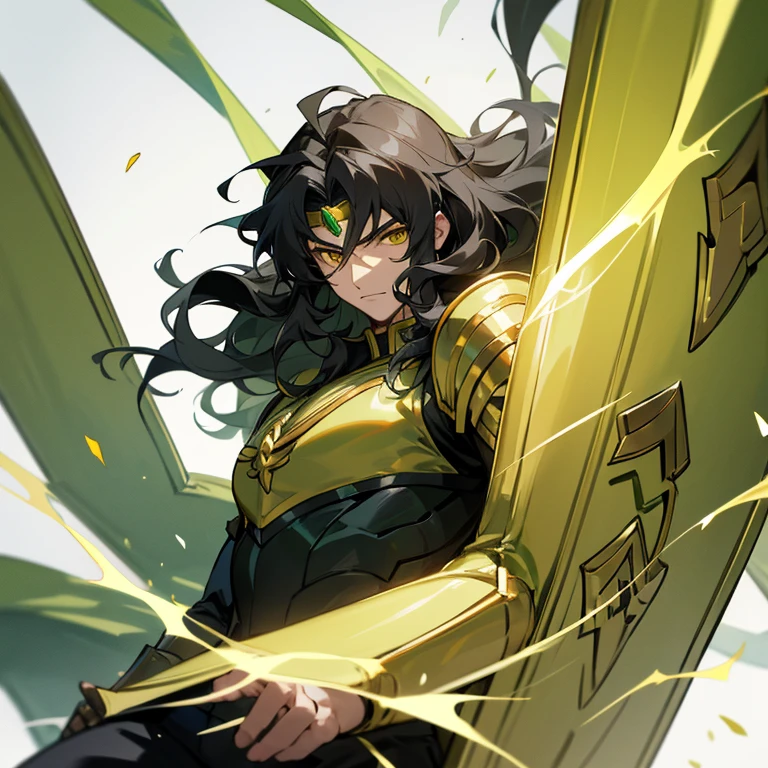 handsome young man, young appearance, slim build, fair complexion, long wavy black hair, yellow eyes, green shirt, Saint Seiya silver color armor shield theme.