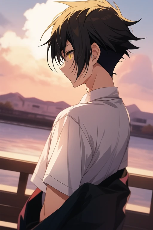 anime boy, black hair from his nape, white hair on the sides and top part of his head, dark yellow eyes, resembles hatsuharu sohma