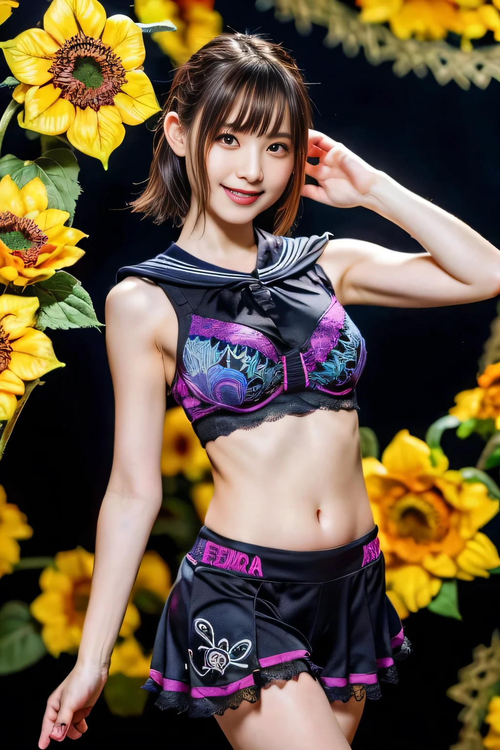 (best quality:1.2),(ultra detailed,highres,HDR,8k,3D,realistic,photorealistic,super fine,effects,official art,detailed background), (very happy smile,young,Japanese,detailed beautiful face), (Happy days),(round face,small face beauty), (dynamic pose:1.3), (head to thighs:1.3), (sailor bikini:1.3),sideboob(sunflower field:1.3), (zentangle;1.5), (mandala:1.5), (entanglement:1.5),(Penrose tiling background:1.5)