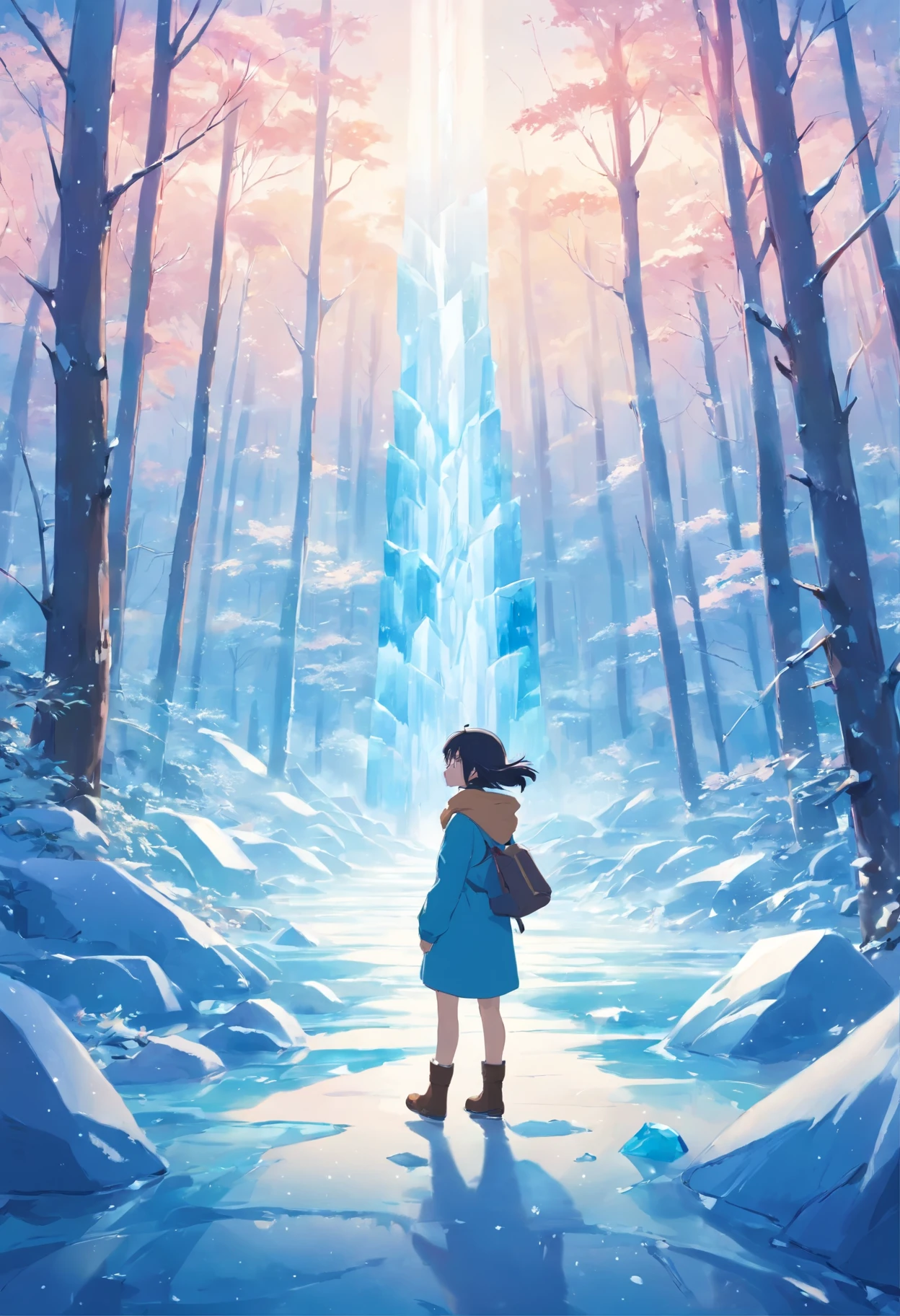 A small part of the dreamy blue ice and snowy forest