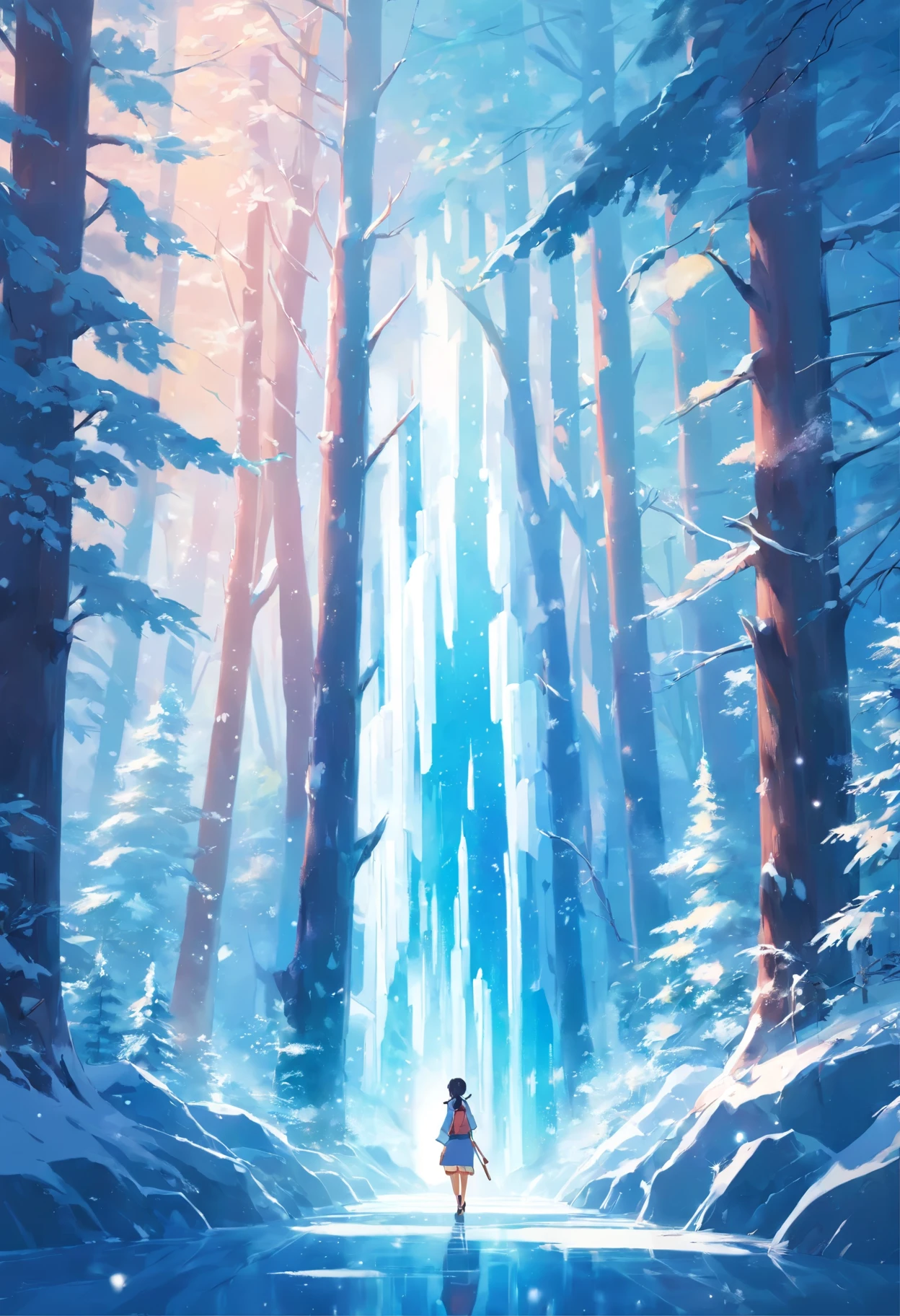 A small part of the dreamy blue ice and snowy forest