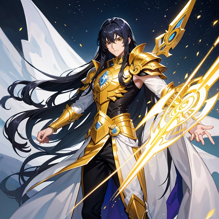 handsome young man, young appearance, slim build, fair complexion, long wavy black blue hair, yellow eyes, Saint Seiya silver color armor shield theme.