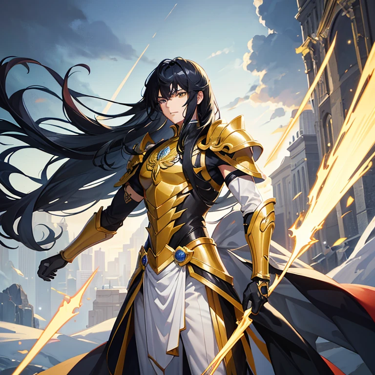 handsome young man, young appearance, slim build, fair complexion, long wavy black blue hair, yellow eyes, Saint Seiya silver color armor shield theme.