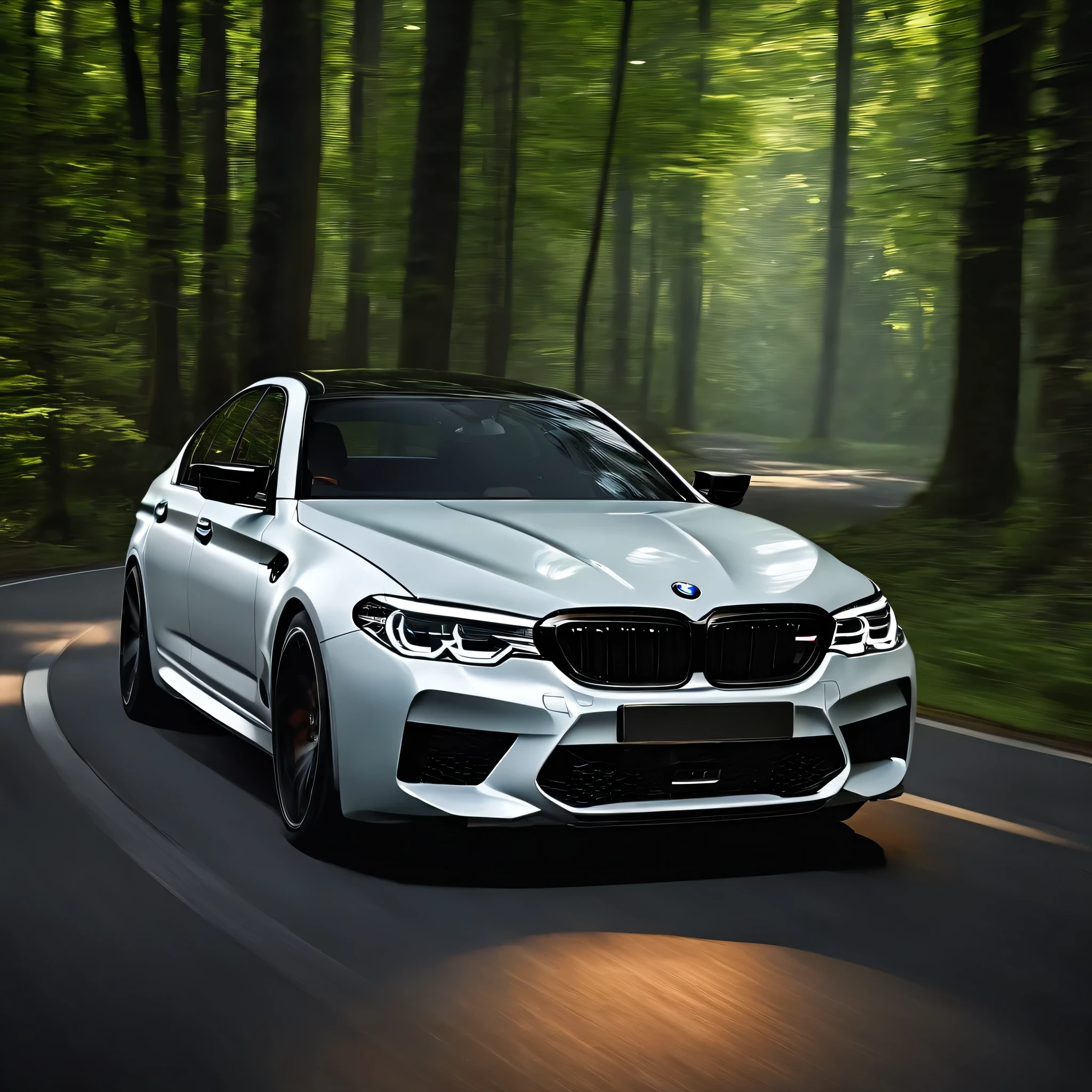 Ultra-realistic images,Forest roads,Driving a sporty white BMW M5. gucci (Gucci) Painted door
