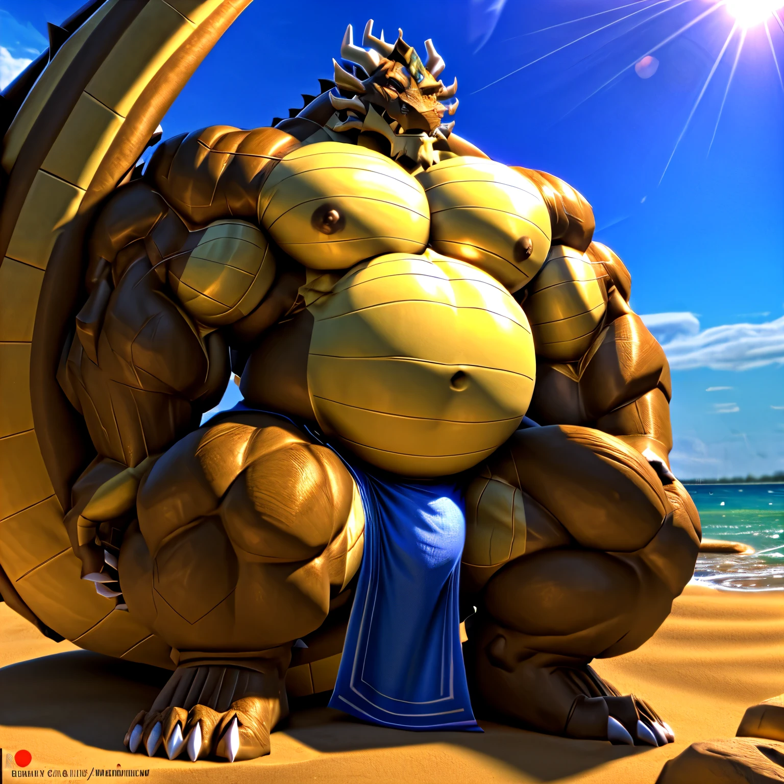 shendu, eastern dragon king, male dragon, eastern dragon,hefty body,  with very big muscles, hulking, huge, colossal body,  extremely strong, big abdominal muscles, hefty musclegut, pecs, Strong and robust musclegut , prominent muscle abs, sharp claws, legs,  feet, full body, loincloth,  nipples, sunlight, daylight, outdoor, bright , at noon,  good weather,  4k, best quality, 