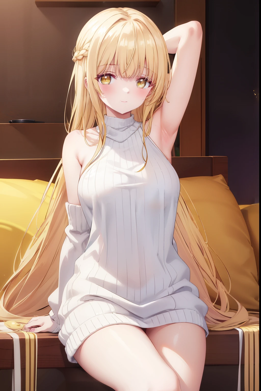 Mahiru shiina, , blonde, (Yellow Eyes:1.3)、Braided long hair,,blush,smile,Daytime、Captivating thighs、Beautiful bare legs, Sidehowing armpits、Shoulder Bare、The clavicle is visible、Armpit Show、Sideboobが見える、セクシーなknit sweater
No sleeve
body line
arm pit、very cute
(masterpiece:1.2), highest quality, High resolution, unity 8k wallpaper, (shape:0.8), (Beautiful and beautiful eyes:1.6), Highly detailed face, Perfect lighting, Highly detailed CG, (Perfect hands, Perfect Anatomy),