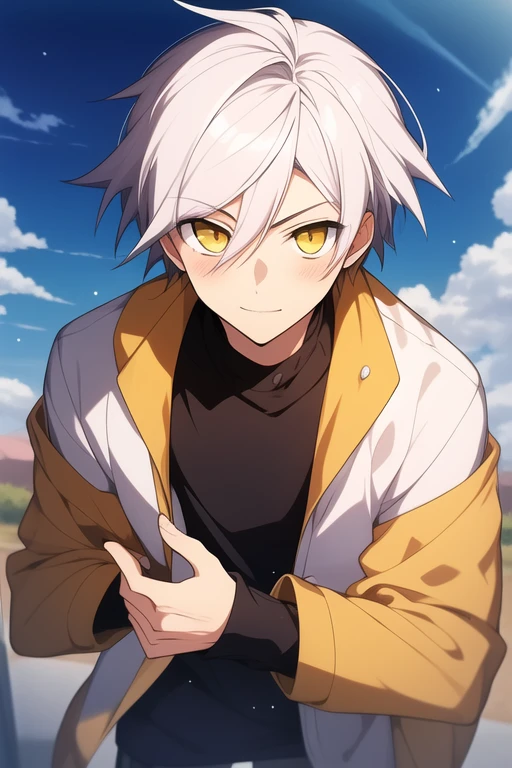 single anime boy with black and white hair, dark yellow eyes, resembles hatsuharu sohma