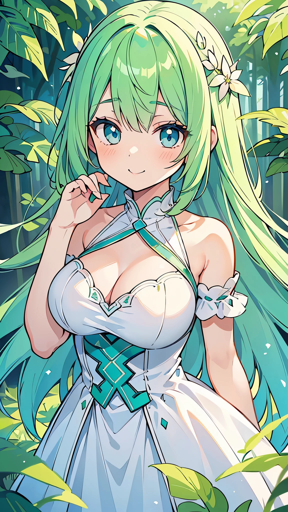 ((A Pretty girl with green hair and blue eyes)), ((wearing the white dress)), Baby face, ((top-quality, master piece, ultra-definition, high resolution)), anime girl, ((ultra-detailed illust:1.2)), only one person, bangs, hair between eye, beautiful hair, Beautiful eyes, medium breast, Big smile, in the forest