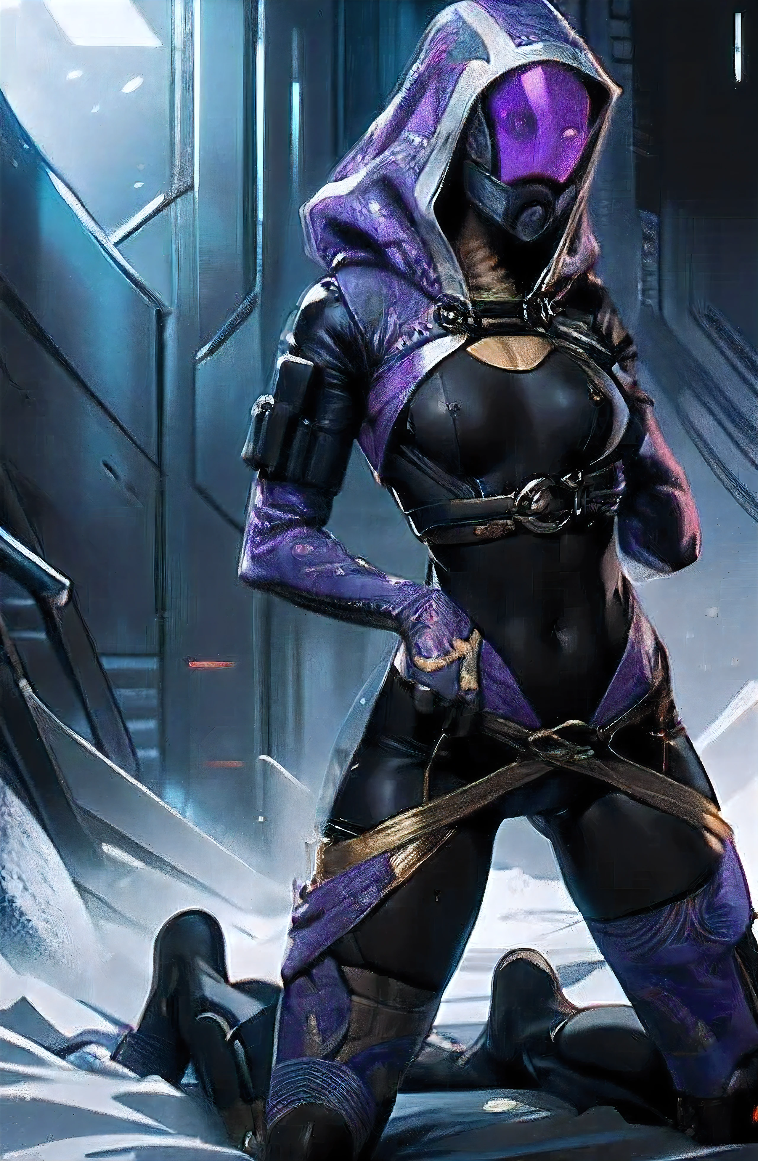 tali, 1 girl, One, hood, purple bodysuit, a mask, (helmet, faceless), hood up, stranger,  kneeling , full length , hands behind your back , light falls on the mask 