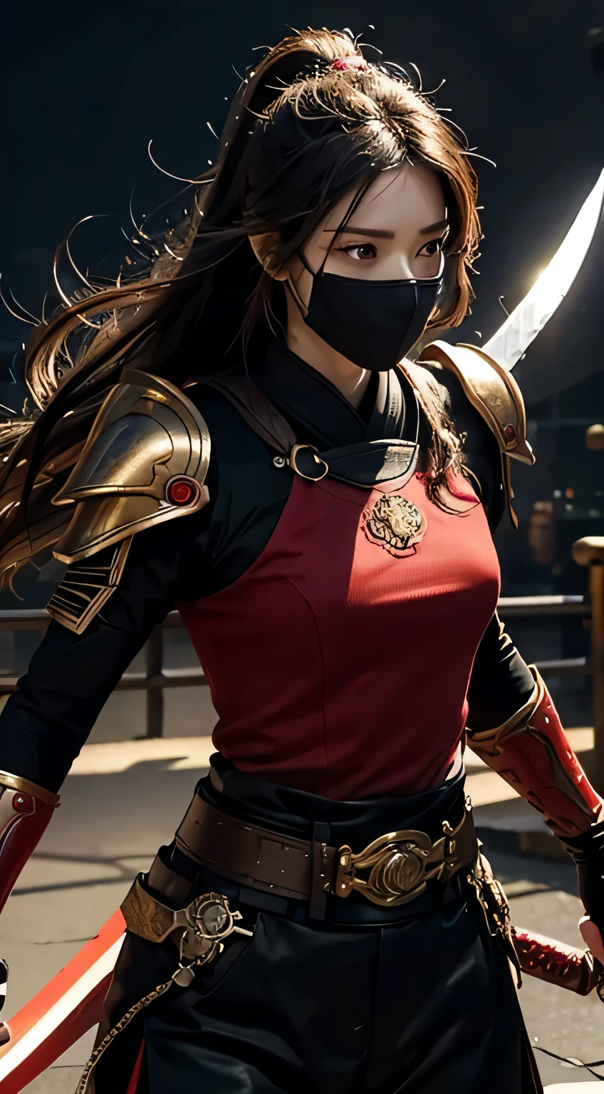 8K,Photorealsitic　Raw photography　top-quality;1.4) 　(hermosa mujer)　Super handsome　(Lifelike face)　Boy with Japan sword on his waist　Black and red samurai armor　Black and red trousers(Golden decoration),masked,　Glowing red eyes glaring at you　超A high resolution　A hyper-realistic　real looking skin　enticing　Beautiful expression　Demon Hunters of Beast City　combat scene　Iai Slash　Intense red aura from the body(Red effect)