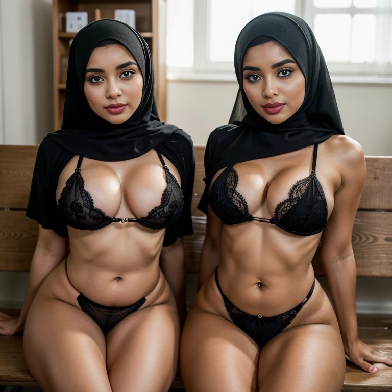 (portrait), In the dimly lit settings of locker room,two sexually attractive 30-year-old (muslim) teachers sit side by side on a a bench Their baby faces radiate innocence and charm, captivating everyone who lays eyes on them. They share the same height and body proportions, creating a visually stunning image of unity and strength. Both girls wear (lace hijabs), beautifully wrapped around their heads, framing their faces and accentuating their sensuality. Complementing their hijabs, both girls wear (lace stockings) (daring micro bikinis) that add a subtle hint of allure to their ensemble. The stockings enhance their sensual and lust-satisfying posture, further highlighting their lust-satisfying hourglass figures. Their makeup is flawlessly applied, with striking red lips, voluminous mascara, captivating eye shadow, precise eyeliner, and luxurious lashes. These elements enhance their already mesmerizing features, drawing attention to their expressive eyes. As they sit close to each other on the bench, they exude a sense of unity and sisterhood. Their presence showcases the beauty and strength of cute baby faces tween hijabi Muslim schoolgirls, empowering others to embrace their identities and celebrate their unique beauty. both is looking at viewer, skin texture, ultra high res, RAW, instagram LUT, masterpiece, best quality, ultra-detailed, ultra high resolution, RAW, 4k, (looking at viewer), extremely detailed eyes and face, ((beautiful detailed nose)), ((beautiful detailed thigh)), ((beautiful detailed eyes)), perfect body proportion, (looking at the camera), smile, red lips, (SFW:1.5), ((cute)) ((baby faces)) ,((parted legs)), cute baby faces, parted lips, both wearing hijabs ((bare belly))'s,