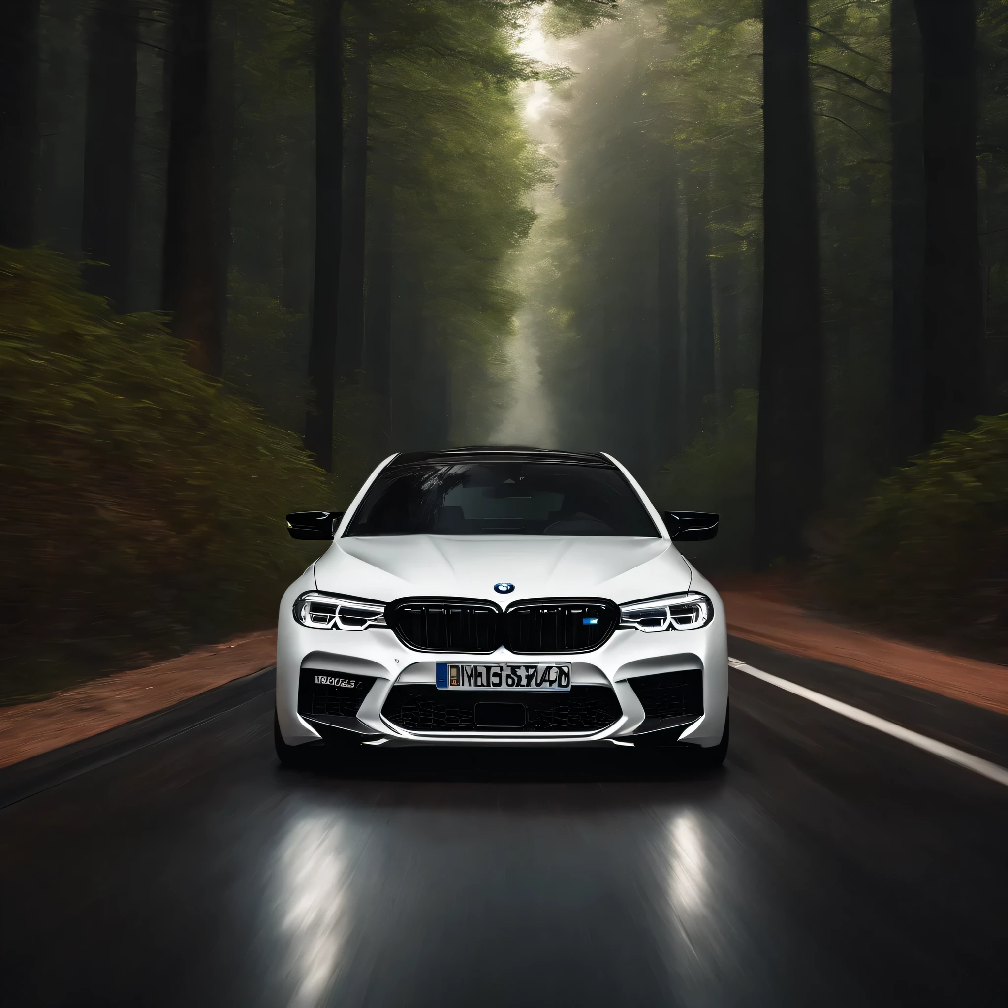 Ultra-realistic images，Forest roads，Driving a sporty white BMW M5. Gucci logo on the door