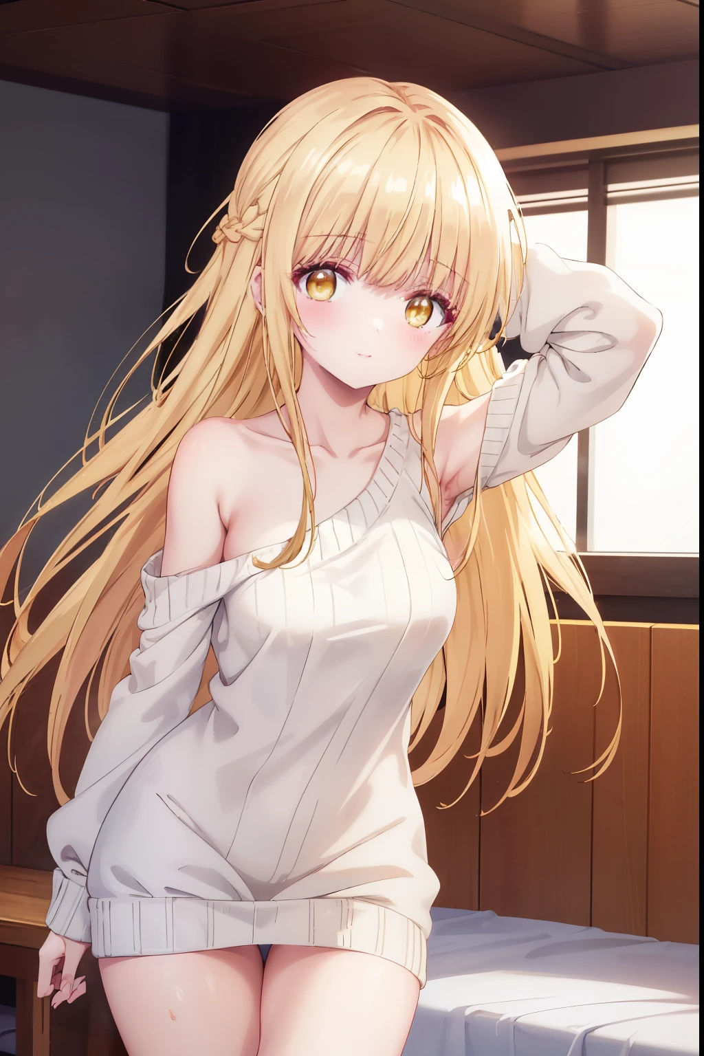 Mahiru shiina, , blonde, (Yellow Eyes:1.3)、Braided long hair,,blush,smile,Daytime、Captivating thighs、Beautiful bare legs, Sidehowing armpits、Shoulder Bare、The clavicle is visible、Armpit Show、Sideboobが見える、セクシーなknit sweater
No sleeve
body line
arm pit、very cute
(masterpiece:1.2), highest quality, High resolution, unity 8k wallpaper, (shape:0.8), (Beautiful and beautiful eyes:1.6), Highly detailed face, Perfect lighting, Highly detailed CG, (Perfect hands, Perfect Anatomy),