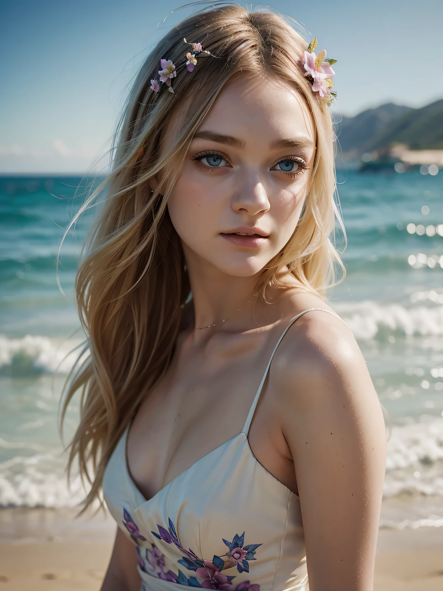 lndswgnr_v1.0, (Sharp focus: 1.5), (sharp focus:1.2), portrait, attractive young woman dakota fanning, blonde hair, (beautiful face:1.1), detailed eyes, luscious lips, (eye makeup:1.2), (tight body:1.2), wearing (flowery dress:1.2) at (the beach:1.2). (morning sun lighting:1.2), depth of field, bokeh, 4K, HDR. by (James C. Christensen:1.2|Jeremy Lipking:1.1).