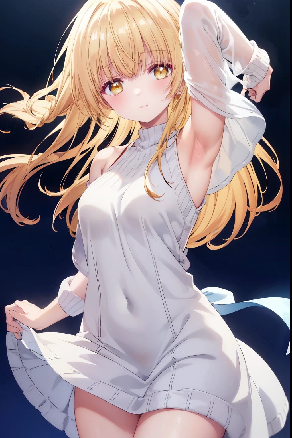 Mahiru shiina, , blonde, (Yellow Eyes:1.3)、Braided long hair,,blush,smile,Daytime、Captivating thighs、Beautiful bare legs, Sidehowing armpits、Shoulder Bare、The clavicle is visible、Armpit Show、Sideboobが見える、セクシーなknit sweater 
No sleeve 
body line 
arm pit、very cute
（masterpiece:1.2), highest quality, High resolution, unity 8k wallpaper, (shape:0.8), (Beautiful and beautiful eyes:1.6), Highly detailed face, Perfect lighting, Highly detailed CG, (Perfect hands, Perfect Anatomy),