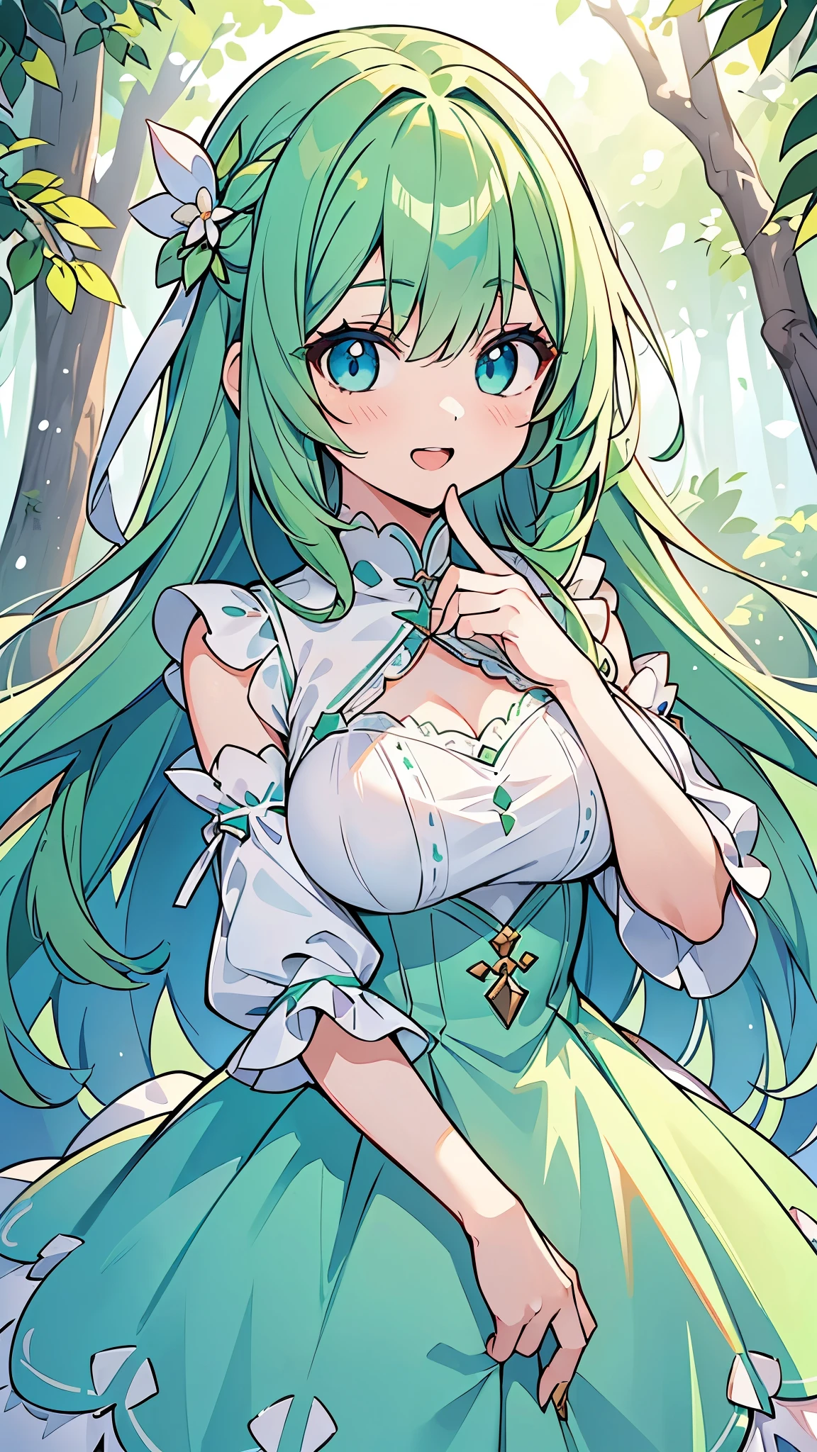 ((A Pretty girl with green hair and blue eyes)), ((wearing the white dress)), Baby face, ((top-quality, master piece, ultra-definition, high resolution)), anime girl, ((ultra-detailed illust:1.2)), only one person, bangs, hair between eye, beautiful hair, Beautiful eyes, medium breast, Big smile, opened mouth, in the forest