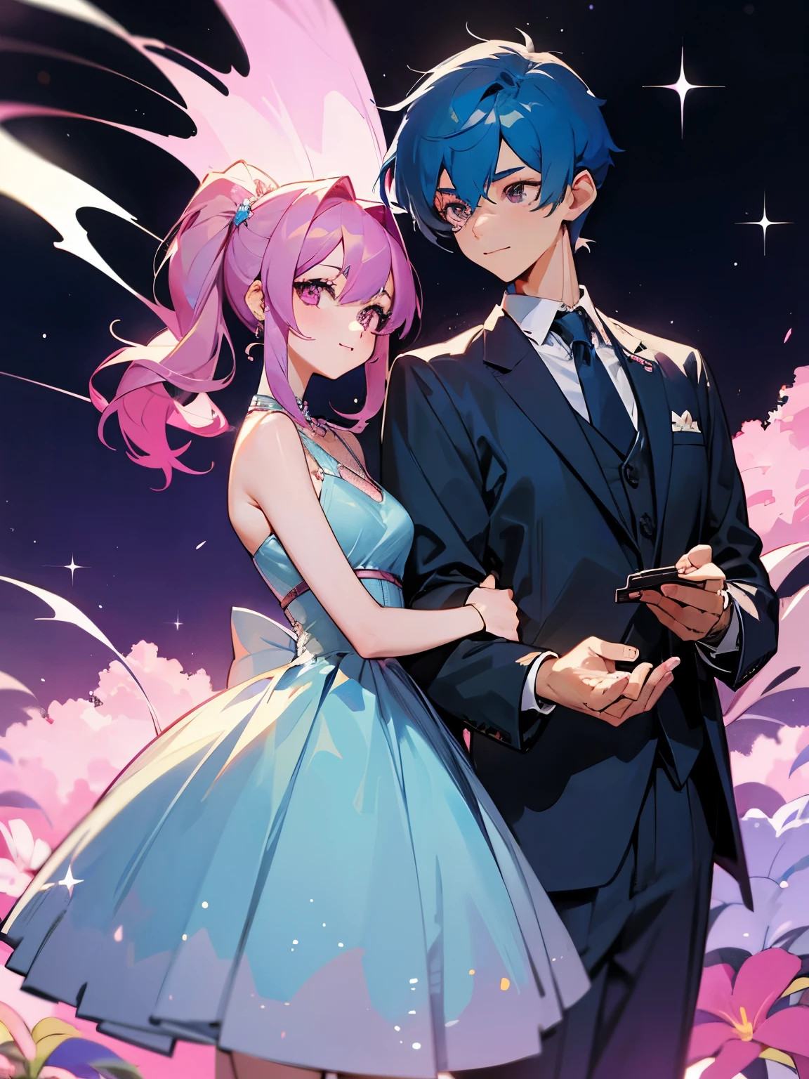 cartoon of a boy and a girl standing close together, ddlc, in the art style of 8 0 s anime, 9 0 s anime style, 90s anime style, in anime style, in an anime style, anime aesthetic, anime vibes, 9 0 s anime aesthetic, 9 0 s anime art style, lofi boy and girl, beautiful background outside, background at night with stars and a moon, fairy lights, beautiful background in a floral garden with fairy lights at night, a cute boy and a cute girl, beautiful faces, a boy and a girl, don't extra hands, NO extra hands, generate a boy and a girl with NO extra hands, NO extra arm, the boy has a short hairstyle and the girl has a long hairstyle, the boy has blue hair, the girl has pink hair, pretty faces, cute pretty boy in a smoking dress, cute pretty girl in a beautiful dress, with amazing smile, boy has a pretty smile, girl has a cute smile