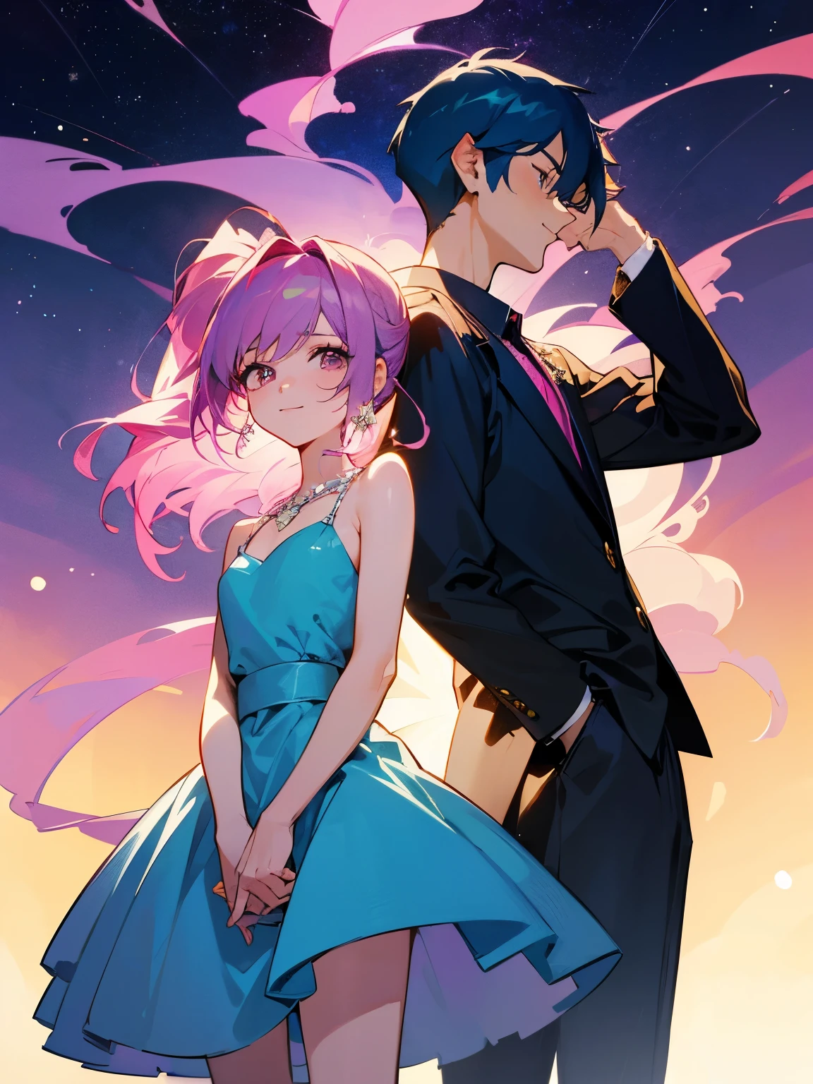 cartoon of a boy and a girl standing close together, ddlc, in the art style of 8 0 s anime, 9 0 s anime style, 90s anime style, in anime style, in an anime style, anime aesthetic, anime vibes, 9 0 s anime aesthetic, 9 0 s anime art style, lofi boy and girl, beautiful background outside, background at night with stars and a moon, fairy lights, beautiful background in a floral garden with fairy lights at night, a cute boy and a cute girl, beautiful faces, a boy and a girl, don't extra hands, NO extra hands, generate a boy and a girl with NO extra hands, NO extra arm, the boy has a short hairstyle and the girl has a long hairstyle, the boy has blue hair, the girl has pink hair, pretty faces, cute pretty boy in a smoking dress, cute pretty girl in a beautiful dress, with amazing smile, boy has a pretty smile, girl has a cute smile 