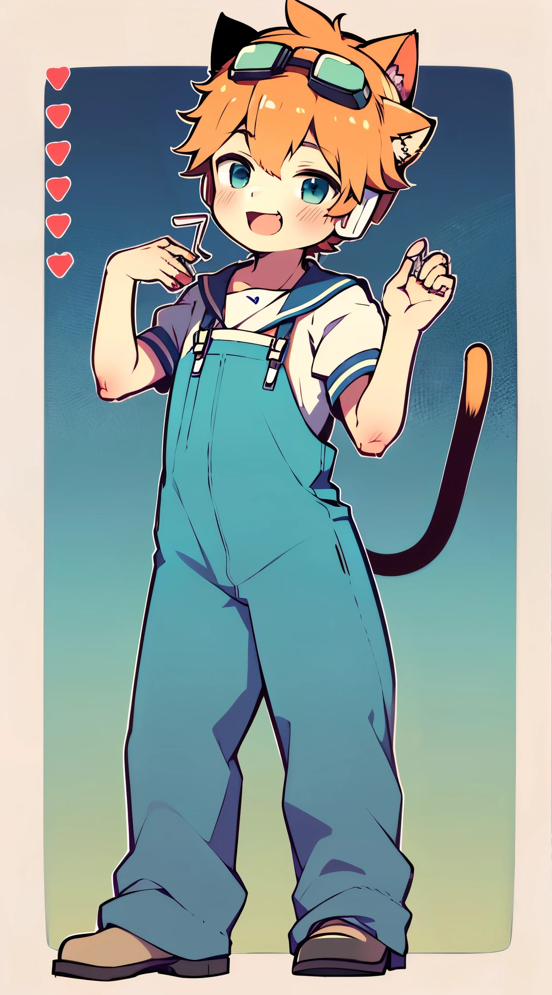 2D Boy Shota，Coverall，Slim, healthy body，Put the headphones on your head，stand up，goggles，Cat ear，happy，Sailor collar，Lovely，Love，Short sleeve