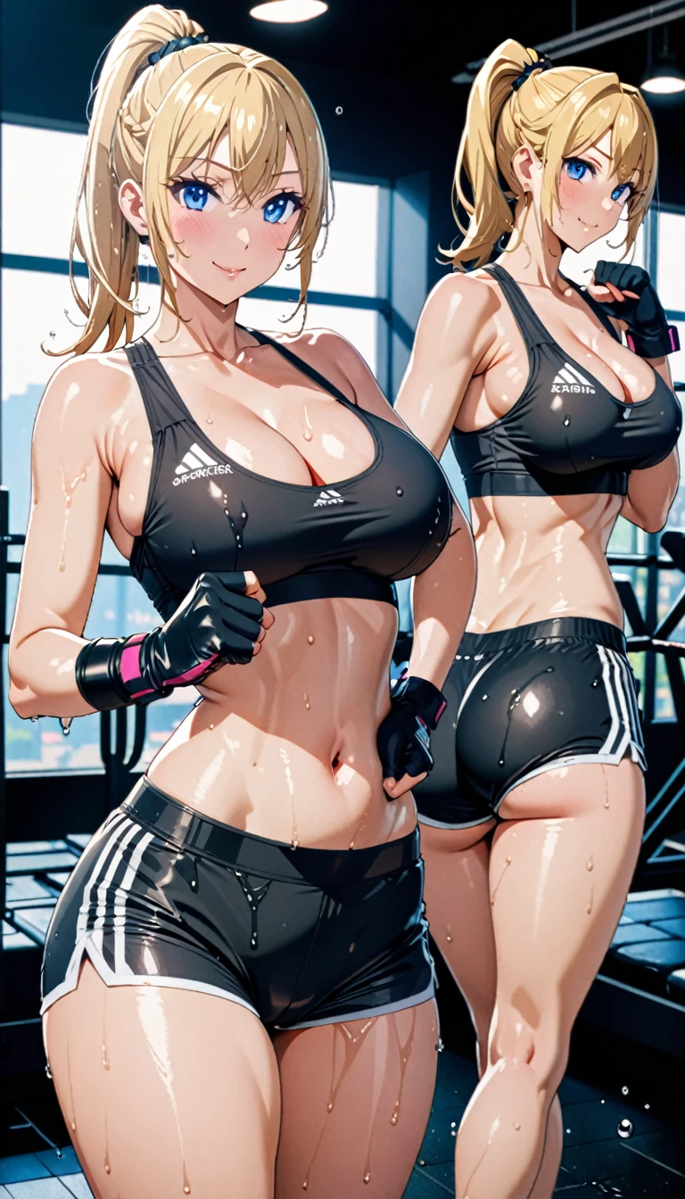 ((masterpiece)), ((high quality)), ((super detailed)), ((high resolution)) ,((8k)), a beautiful woman, ((She is one of the most famous female Gravure idol in the world.)), unparalleled beauty, ((huge breast)), ((large ass)), ((deep cleavage)), slim waist, chest out, ultra detailed face, perfect skin, (((Half-up hairstyle, Blonde Ponytail hair))), blue eyes,  detailed eyes, whole body image, sexy, an inviting smile, sensual, (((anime))), ((glamorous)), sexual attraction, 26 years old, ((incredibly beautiful woman)), ((The H cup bust)), ((((sexy pose)))) ,  (((Sports Bra, Shorts))),  ((beautiful breasts)), beautiful legs, 8 life size, anime, the most beautiful and strongest, ((charm)), ((Half Japanese and half British)), ((Grown-up face)), ((Open Finger Gloves, Five fingers)),  ((Boxercise Gym,training, wet)),