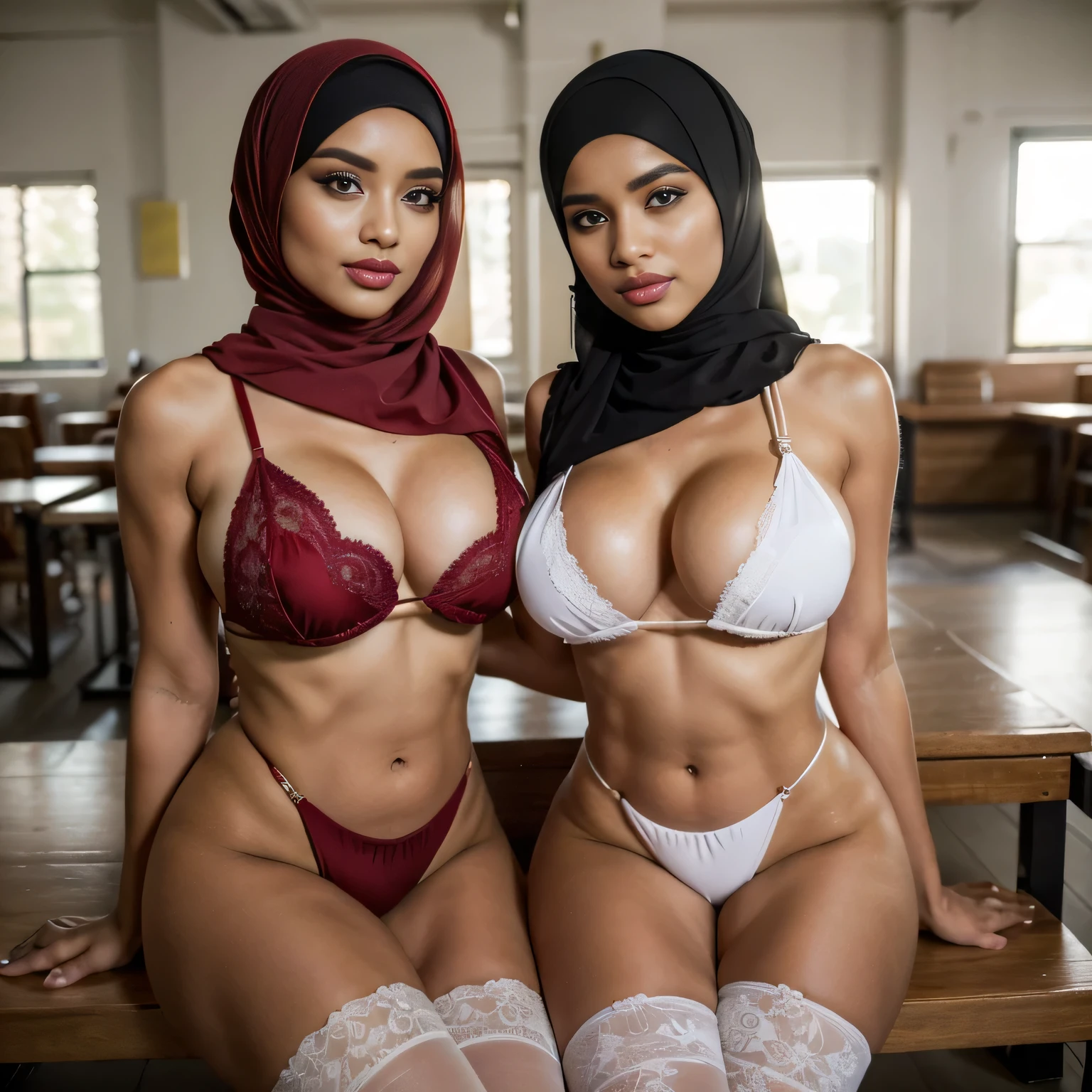 (portrait), In the dimly lit settings of locker room,two sexually attractive 30-year-old (muslim) teachers sit side by side on a a bench Their  radiate innocence and charm, captivating everyone who lays eyes on them. They share the same height and body proportions, creating a visually stunning image of unity and strength. Both girls wear (lace hijabs), beautifully wrapped around their heads, framing their faces and accentuating their sensuality. Complementing their hijabs, both girls wear (lace stockings) (daring micro bikinis) that add a subtle hint of allure to their ensemble. The stockings enhance their sensual and lust-satisfying posture, further highlighting their lust-satisfying hourglass figures. Their makeup is flawlessly applied, with striking red lips, voluminous mascara, captivating eye shadow, precise eyeliner, and luxurious lashes. These elements enhance their already mesmerizing features, drawing attention to their expressive eyes. As they sit close to each other on the bench, they exude a sense of unity and sisterhood. Their presence showcases the beauty and strength of cute baby facesn tween hijabi Mim schoolgirls, empo others to embrace their identities and celebrate their unique beauty. both is looking at viewer, skin texture, ultra high res, RAW, instagram LUT, masterpiece, best quality, ultra-detailed, ultra high resolution, RAW, 4k, (looking at viewer), extremely detailed eyes and face, ((beautiful detailed nose)), ((beautiful detailed thigh)), ((beautiful detailed eyes)), perfect body proportion, (looking at the camera),  smile, red lips, (SFW:1.5), ((cute)) ((baby faces)) ,((parted )), cute baby faces, parted lips, boearing hijabs ((bare belly))'s,