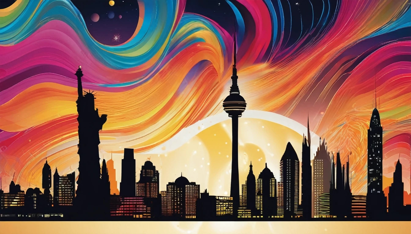 high quality, beautiful and fantastically designed silhouettes of colorful city buildings and landmarks due to gravitational waves, beautifully designed wavelengths, very weak vibrations caused by fluctuations in the gravitational field of the universe, wave nature, stretching and compression, by yukisakura, awesome full color,