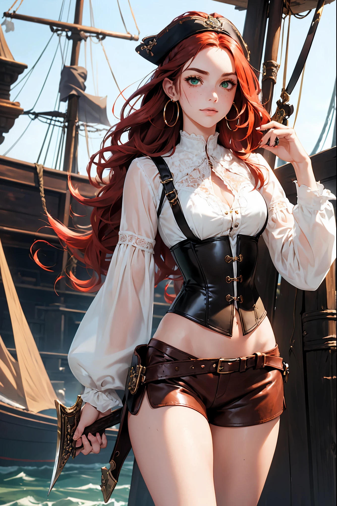 (masterpiece), best quality, expressive eyes, perfect face, (pirate ship background), (standing), (smirk), (closeup view), (1girl, , pale skin, freckled skin, red hair, wavy hairstyle, green eyes, hourglass figure, thin body, skinny body, petite_body, medium breasts, thick thighs, long fingernails, brown plaid head wrap, white front lace blouse, long sleeve, loose fit, brown leather corset, brown leather shorts, brown boots, sheathed cutlass sword, flintlock pistol in holster, hoop earrings, miscellaneous jewelry)