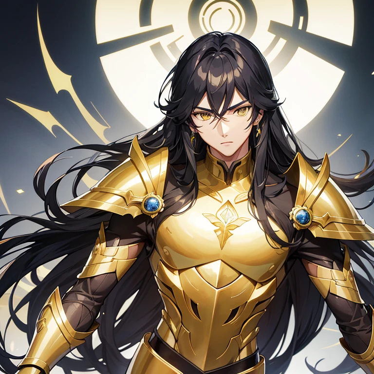 handsome young man, young appearance, slim build, fair complexion, long wavy black hair, yellow eyes, green shirt, Saint Seiya silver grey color armor shield theme.