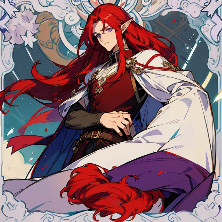 a man with long red hair, purple eyes and a half-elf race handsome yet beautiful