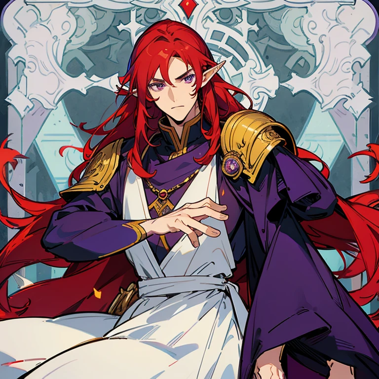 a man with long red hair, purple eyes and a half-elf race handsome yet beautiful