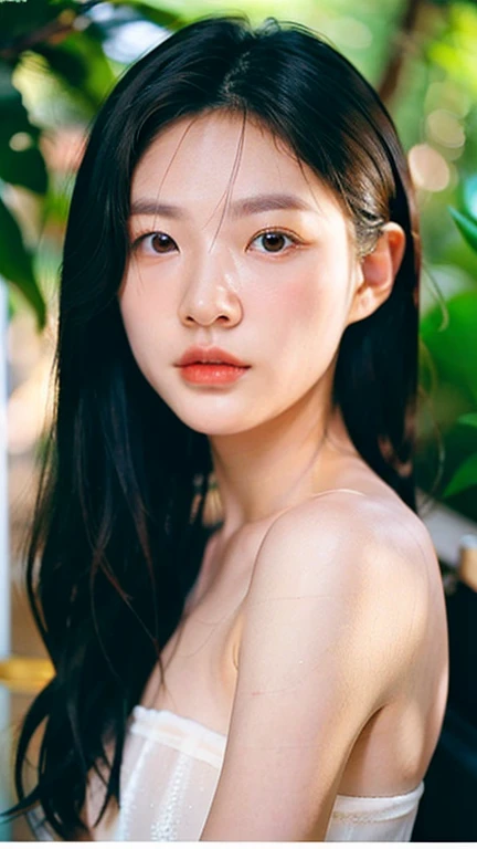 {top-quality}, {{masterpiece}}, {extremely delicate and beautiful},Outstanding light and shadow, highly detailed wallpaper,Clear and bright sunlight,1girl in,naked、gaze looking beyond,red blush,Strong sunshine,delicate and messy hair,realistic skin textures, Pronounced pores and skin wrinkles,tropical rainforest,((strong light shines on the face)), The upper part of the body, naked portrait, nude photography, detailed armpit, pussy pubic hair, shiny nipple