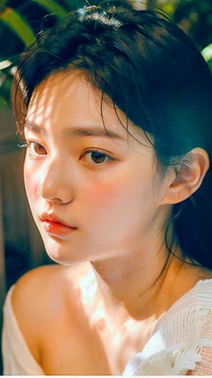 {top-quality}, {{masterpiece}}, {extremely delicate and beautiful},Outstanding light and shadow, highly detailed wallpaper,Clear and bright sunlight,1girl in,、gaze looking beyond,red blush,Strong sunshine,delicate and messy hair,realistic skin textures, Pronounced pores and skin wrinkles,tropical rainforest,((strong light shines on the face)), The upper part of the body, nakedrait, nude photohy, detailed armpit, pussy pubic hahiny nipple