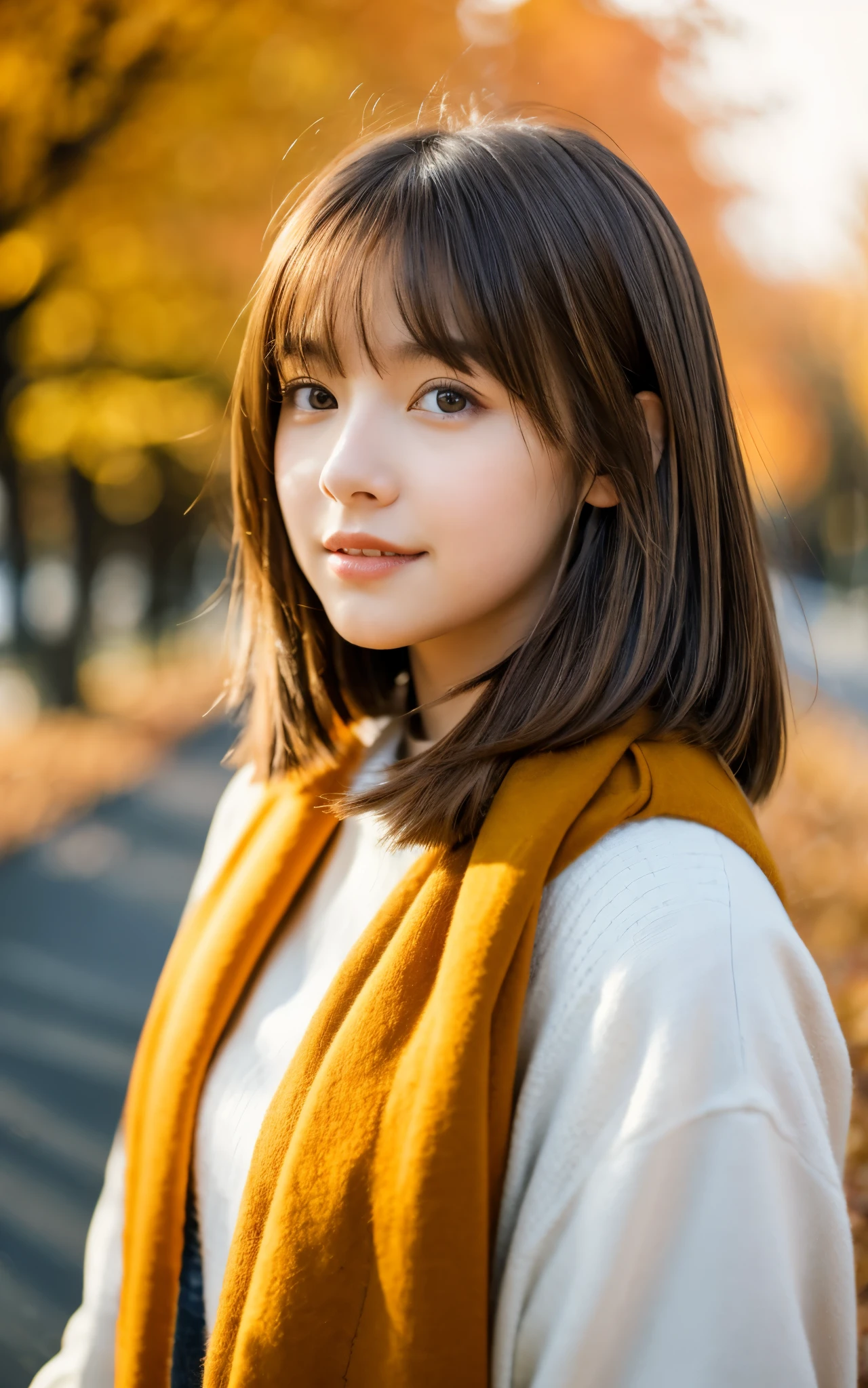 masterpiece, Best Quality, 8K, 1 girl, in autumn, A tree-lined road lined with autumn leaves, out of focus, 18 yo, medium breasts⁩, Mouth slightly open, cute little, Solo, sad, Clothes that look good in autumn, Cute, Girly, Delicate girl, Neat and clean beauty, Raw photo, Professional Photography, Portrait, Soft light, Professional Lighting, Back lighting, Upper body, see the beholder, Sophisticated, Film grain, (Eyes and faces with detailed:1.0), medium hair swaying in the wind, beautiful flowing brown hair, bangs