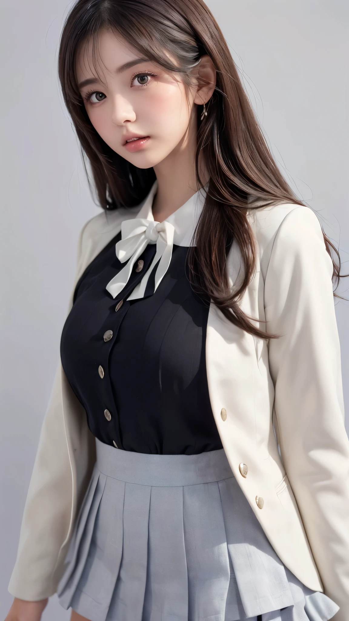 ((((Black Hair、forehead、long hair、Long Hair、腰までのLong Hair、Glowing Skin、Fair skin、Plump Lips、Straight Hair、Gray eyes、白Gal、Gal、Idol Costumes、Stage Costumes、uniform、Jacket、blouse、mini skirt、race、Frills、Northern Europe、White background、シンプルなWhite background)))))))、、masutepiece, Best Quality, Photorealsitic, finely detail, hight resolution, 8K Wallpapers, Perfect dynamic composition, Beautiful detailed eyes, 18 year old、(Drooping eyes 1.4)、Adult beauty、japanes