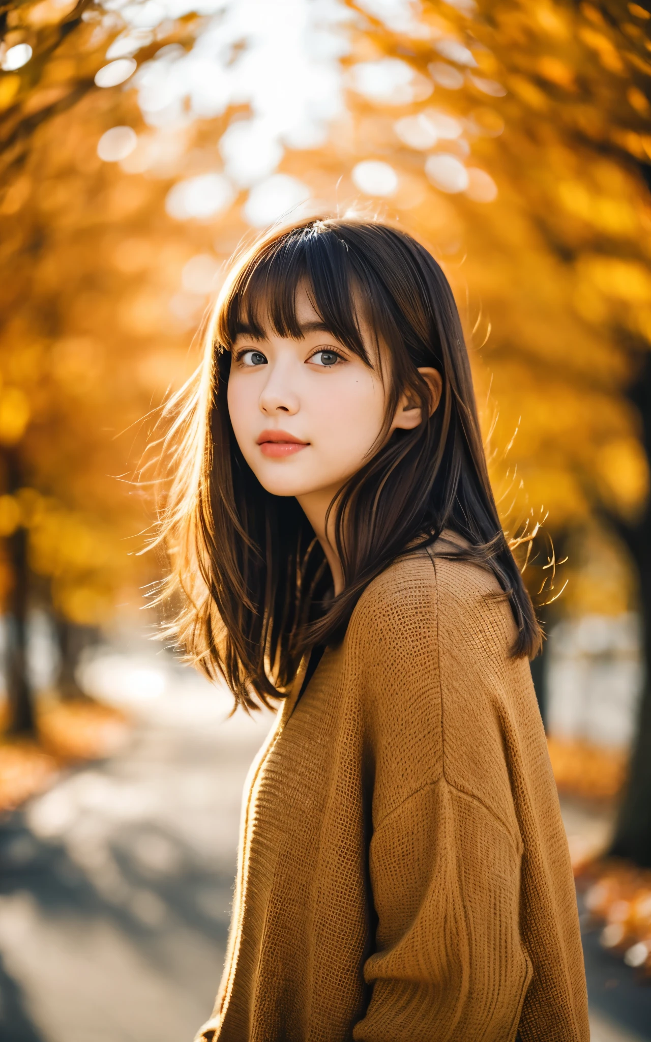 masterpiece, Best Quality, 8K, 1 girl, in autumn, A tree-lined road lined with autumn leaves, out of focus, 18 yo, medium breasts⁩, Mouth slightly open, cute little, Solo, sad, Clothes that look good in autumn, Cute, Girly, Delicate girl, Neat and clean beauty, Raw photo, Professional Photography, Portrait, Soft light, Professional Lighting, Back lighting, Upper body, see the beholder, Sophisticated, Film grain, (Eyes and faces with detailed:1.0), medium hair swaying in the wind, beautiful flowing brown hair, bangs