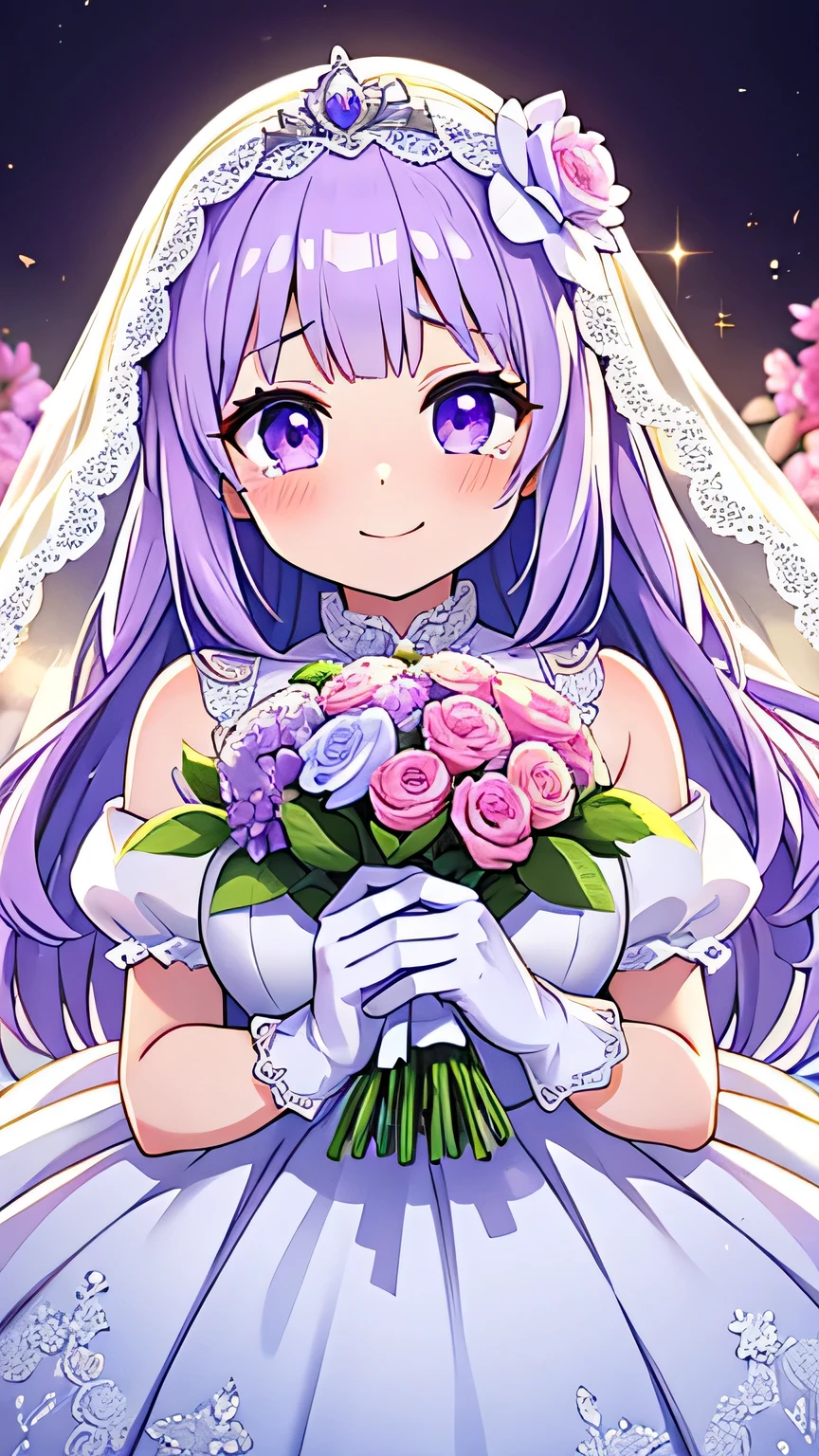 Super High Resolution Super Quality、anime、Zoom in Enlarge Colorful flowers、tears 、Smile、Fantasy、High texture of clothing, princess white dress, realistic texture, luxurious pure white wedding dress, dress with sparkling jewels, silver decoration, platinum, white gloves, joy, beautiful girl has a nice body, spring, lilac hair, eye highlights, purple eyes, upper body, bouquet, lace veil, snap, marble green garden