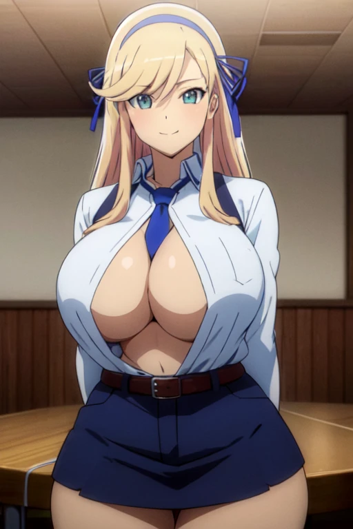 anime artwork, score_9, score_8_up, score_7_up, score_6_up, score_5_up, score_4_up, source_anime, BREAK, thick outline, fat outline, katsuragi, solo, 1girl, (gigantic breasts), wide hips, arms behind back, BREAK blue skirt, blue necktie, headband, white shirt, open shirt, no bra, BREAK outdoors, classroom, BREAK looking at viewer, (cowboy shot:1.5), smile, BREAK (masterpiece:1.2), best quality, high resolution, unity 8k wallpaper, (beautiful detailed eyes:1.6), extremely detailed face, perfect lighting, extremely detailed CG