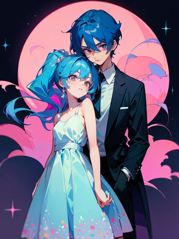 cartoon of a boy and a girl standing close together, ddlc, in the art style of 8 0 s anime, 9 0 s anime style, 90s anime style, in anime style, in an anime style, anime aesthetic, anime vibes, 9 0 s anime aesthetic, 9 0 s anime art style, lofi boy and girl, beautiful background outside, background at night with stars and a moon, fairy lights, beautiful background in a floral garden with fairy lights at night, a cute boy and a cute girl, beautiful faces, a boy and a girl, don't extra hands, NO extra hands, generate a boy and a girl with NO extra hands, NO extra arm, the boy has a short hairstyle and the girl has a long hairstyle, the boy has blue hair, the girl has pink hair, pretty faces, cute pretty boy in a smoking dress, cute pretty girl in a beautiful dress, with amazing smile, boy has a pretty smile, girl has a cute smile
