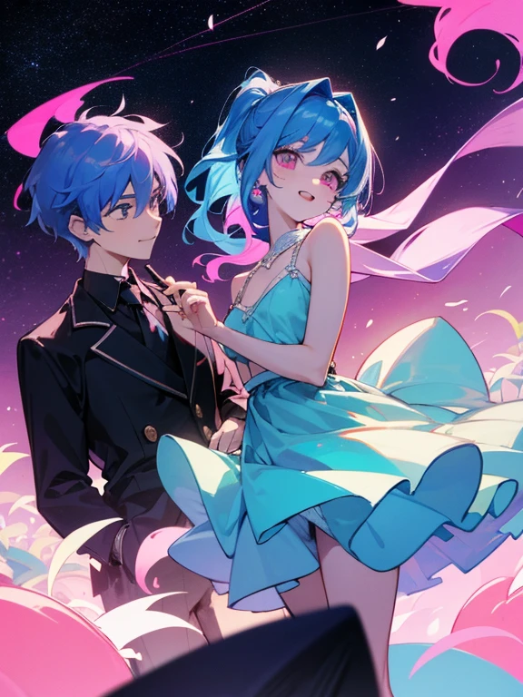 cartoon of a boy and a girl standing close together, ddlc, in the art style of 8 0 s anime, 9 0 s anime style, 90s anime style, in anime style, in an anime style, anime aesthetic, anime vibes, 9 0 s anime aesthetic, 9 0 s anime art style, lofi boy and girl, beautiful background outside, background at night with stars and a moon, fairy lights, beautiful background in a floral garden with fairy lights at night, a cute boy and a cute girl, beautiful faces, a boy and a girl, don't extra hands, NO extra hands, generate a boy and a girl with NO extra hands, NO extra arm, the boy has a short hairstyle and the girl has a long hairstyle, the boy has blue hair, the girl has pink hair, pretty faces, cute pretty boy in a smoking dress, cute pretty girl in a beautiful dress, with amazing smile, boy has a pretty smile, girl has a cute smile 