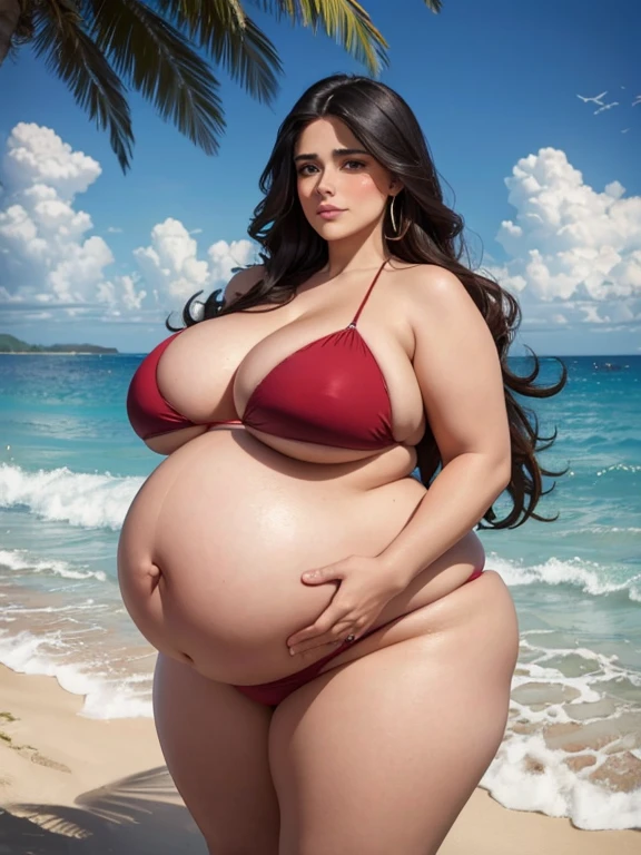 Fat pregnant Salma Hayek, long hair, eyeshadow, blushed, big cheeks, bikini, Big lips, double chin, chubby body,bbw, morbidly obese, fat rolls, pregnant belly, weight gain, beach