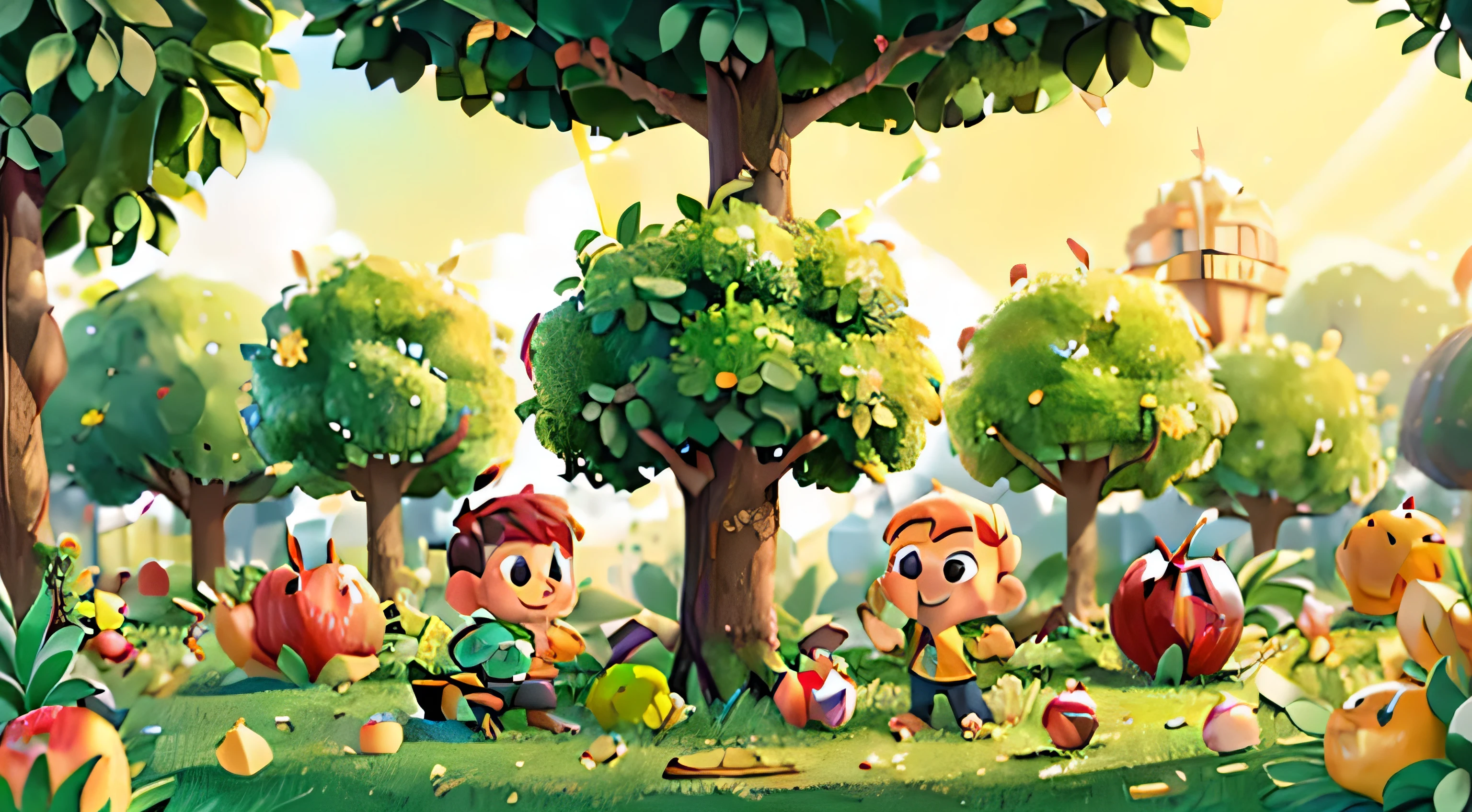 The fruit tree filled with apples of different shapes, squares, rounds, diamonds with cute eyes and bright smiles in a huge green garden, with Leo a little boy adventurous and his square apple friend