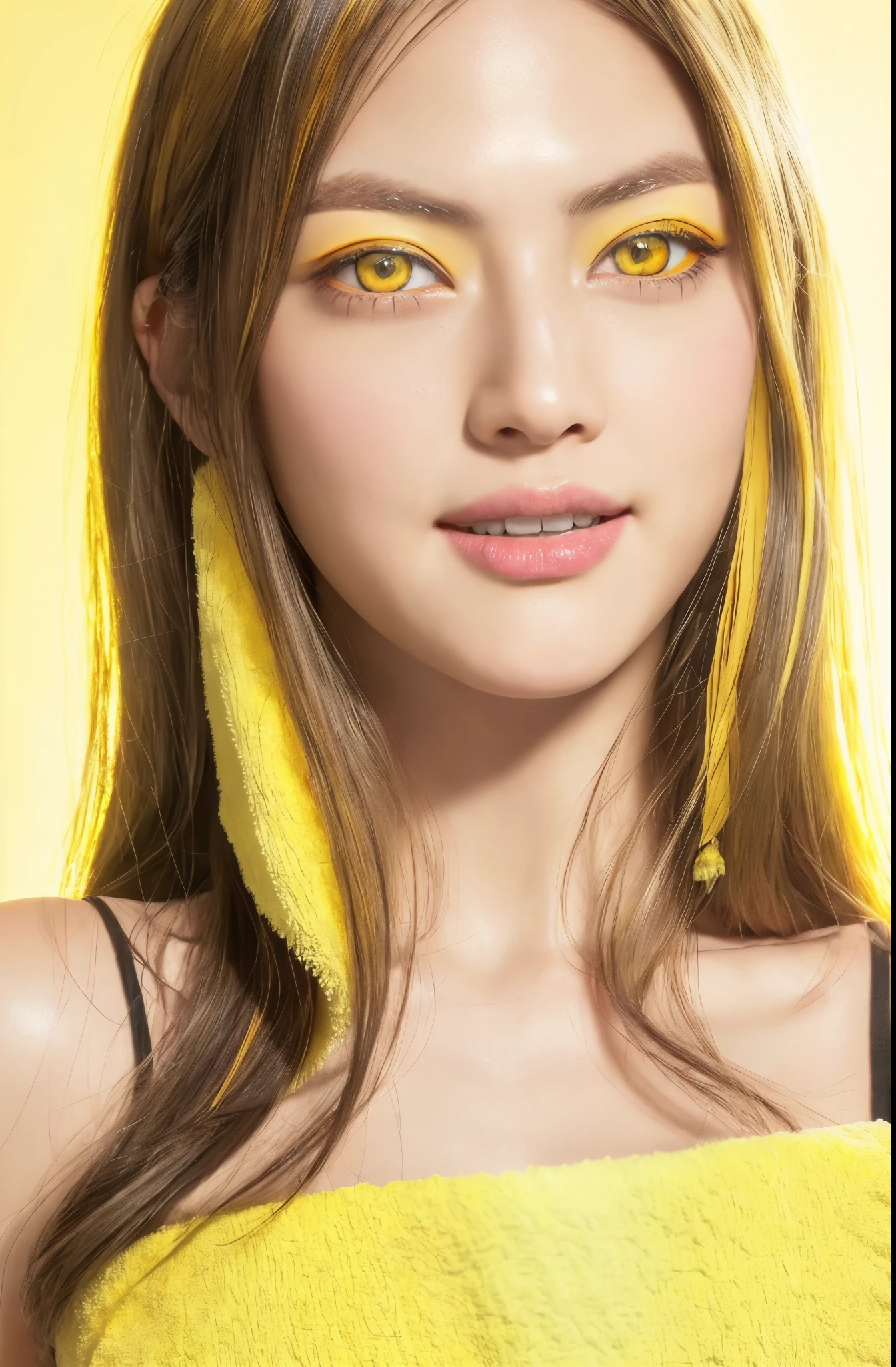 [(Hustleblad H6D-400c)], [(Medium Image)], [(Fantastic)], [(400 Megapixel)], (Photorealistic: 1.4), (RAW Photo: 1.2), (8k), (Masterpiece): 1.3), (Realistic), (Hyperrealistic), Ultra Detail, Illustration, very_high_realistic:1.5, very_high_resolution: 1.5, HDR, CG, Unity, 8k wallpaper, amazing, fine detail, official art, highly detailed CGUnity 8k wallpaper, (highest quality), incredibly absurd, super detailed, light on the face, cinema light, movie lighting, professional lighting, photon mapping, radiosity, physically based rendering, solo focus, sharp focus, hi-res, Very detailed, very delicate and beautiful, intricate details, facial muscles, beautiful detailed girl, natural makeup, very detailed face, looking away, [(((smile, happy, grinning, dismay))]], 1 girl, ((solo)), [(long) black hair with bangs)], [(fine, beautiful amber yellow eyes: 2), symmetrical eyes, extremely dense eyes], lustrous skin, collarbone visible, perfect skin, (Adult face: 1.2), (Middle chest: 1.3), Slim body, Thin waist, Suitable proportions, Perfect body, (((Mini towel)), [Color background], Chest visible,