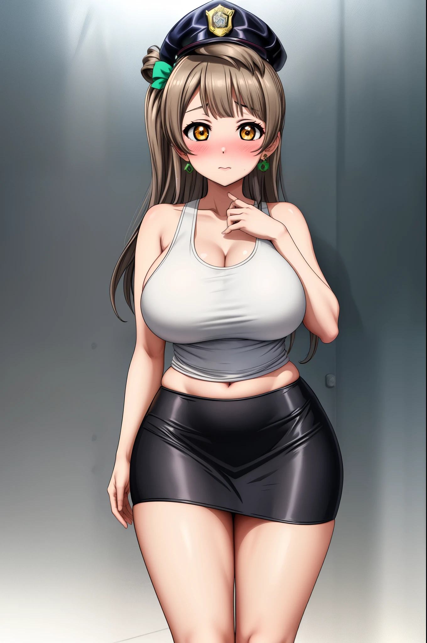 Masterpiece, best quality, solo ,big breasts, minami kotori, curvy body, jacket,tank top, busty breasts, breasts flashing,earrings, pencil skirt, standing,police cap, cowboy shot, thighs, narrow waist,wide hips, blushing,shy pose, skin tight