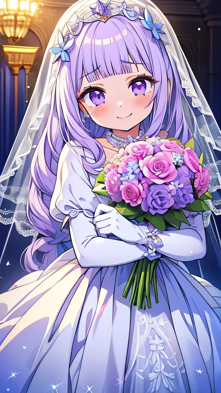 Super High Resolution Super Quality、anime、Zoom in Enlarge Colorful flowers、tears 、Smile、Fantasy、High texture of clothing, princess white dress, realistic texture, luxurious pure white wedding dress, dress with sparkling jewels, silver decoration, platinum, white gloves, joy, beautiful girl has a nice body, spring, lilac hair, eye highlights, purple eyes, upper body, bouquet, lace veil, snap, marble green garden
