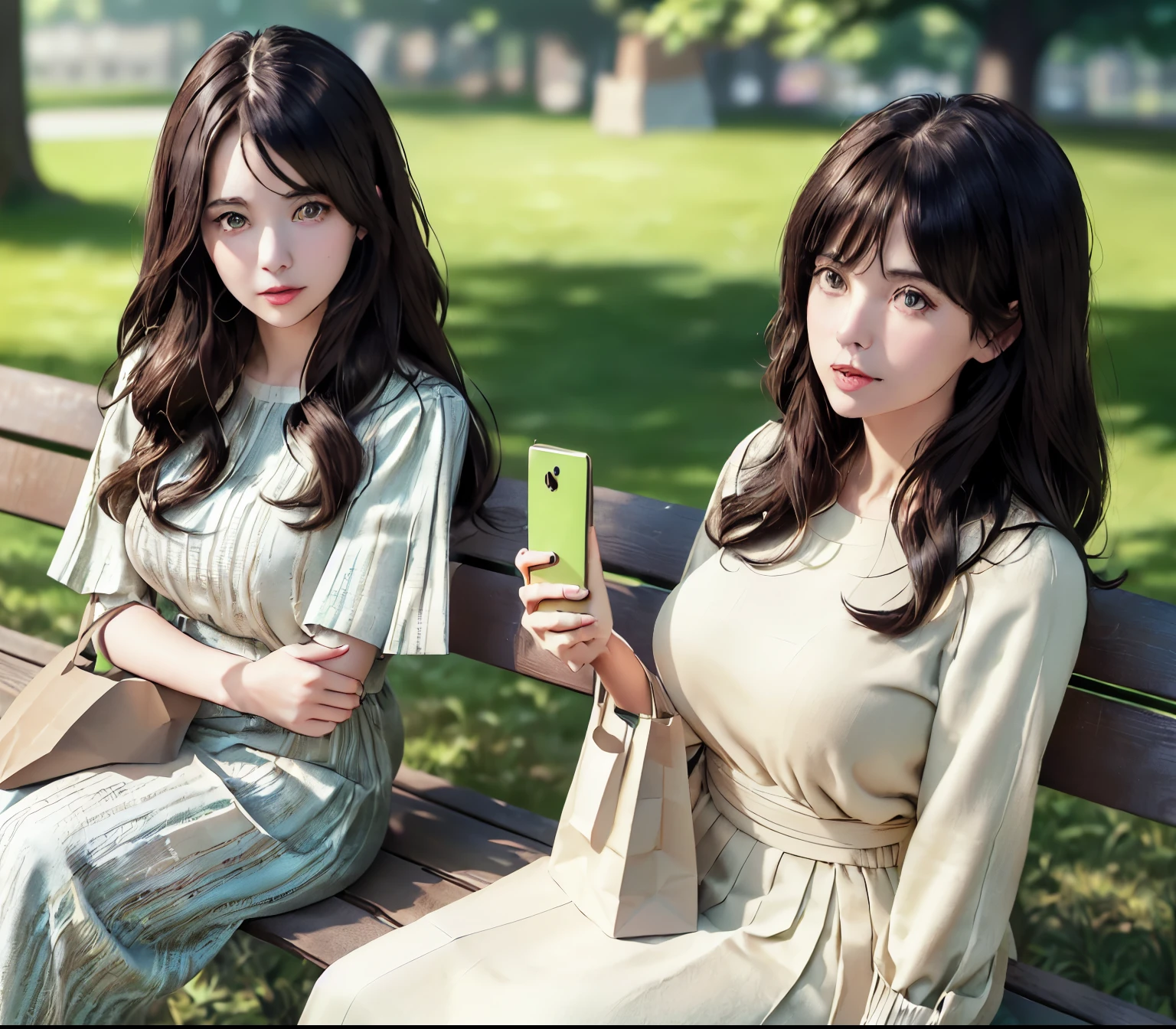 2lady, Sit on it (Bench end), (Office staff outfit) fashionable, Mature female, /(Brown hair/) Bangs, (Looking at the phone), (Masterpiece Best Quality:1.2) Exquisite illustrations with rich details, large breasts rest /(Black Hair/) Bangs, (Staring into the distance) rest ((Simple paper bag:1.2) Sitting in the middle of the bench) rest (Ordinary city park) outdoor, (green landscape), noon, Detailed background